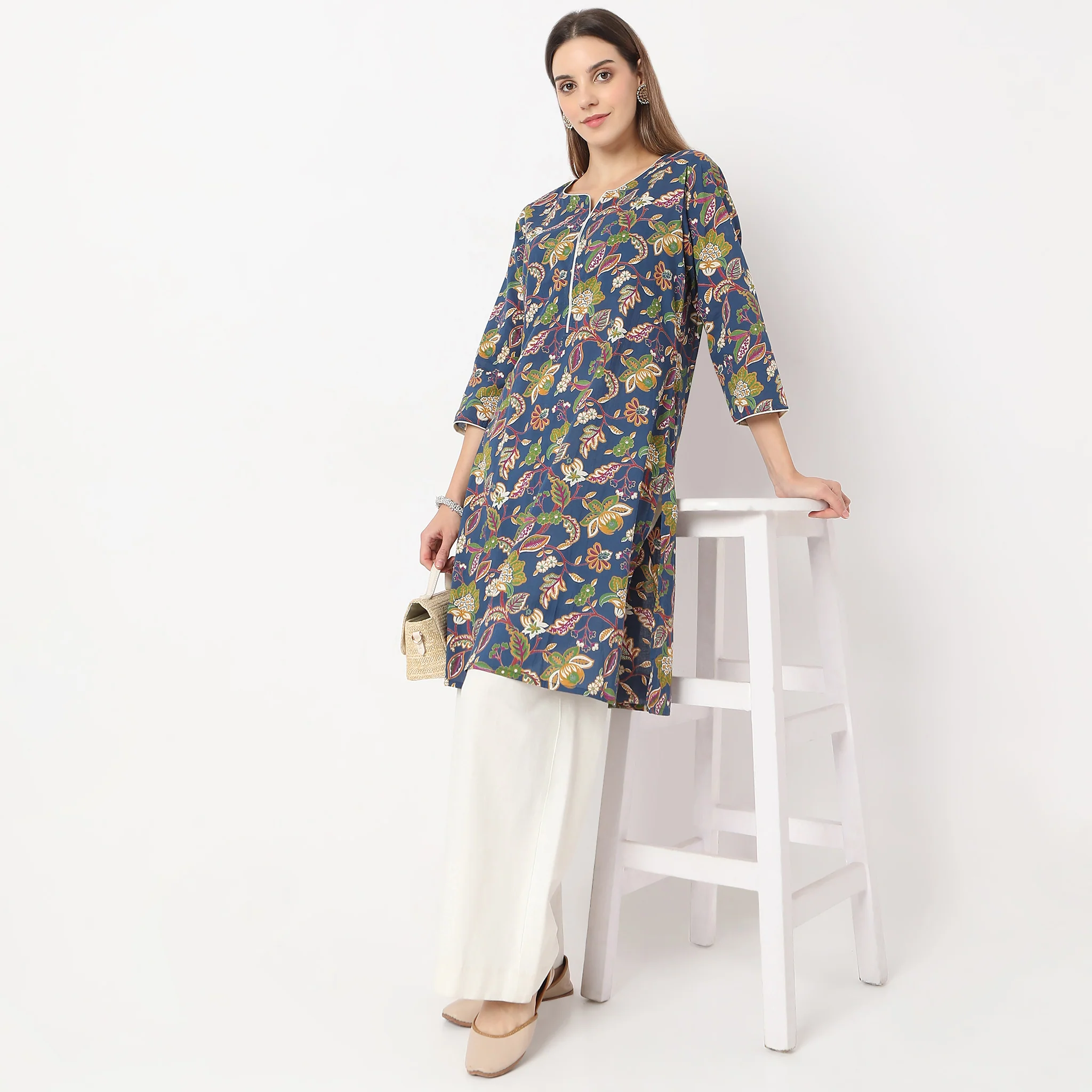 Floral Band Neck Kurta