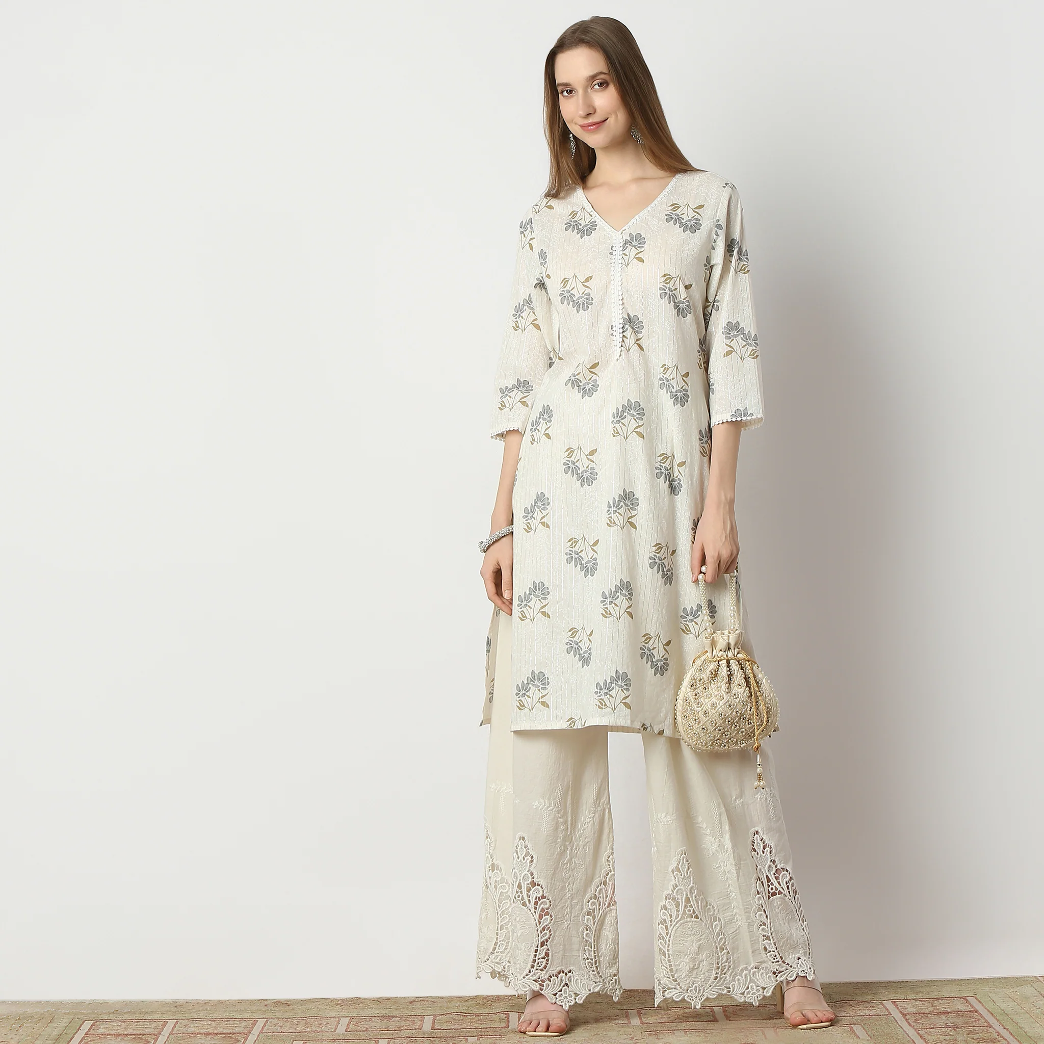 Floral V-Neck Kurta