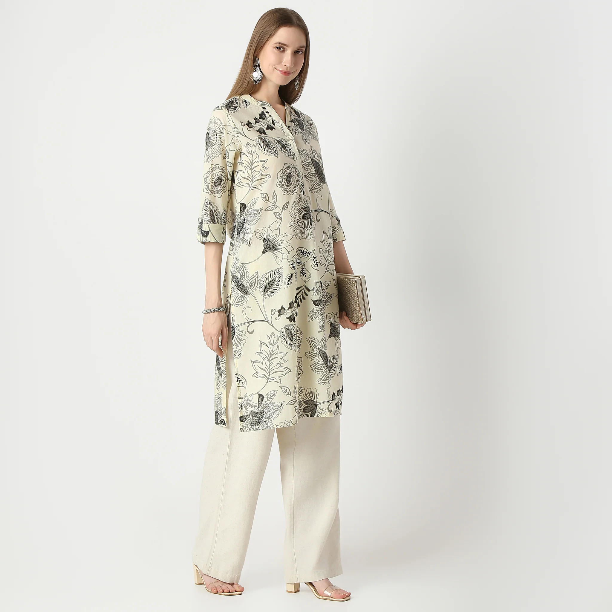 Straight Fit Floral Print Knee Length Half Placket Kurta