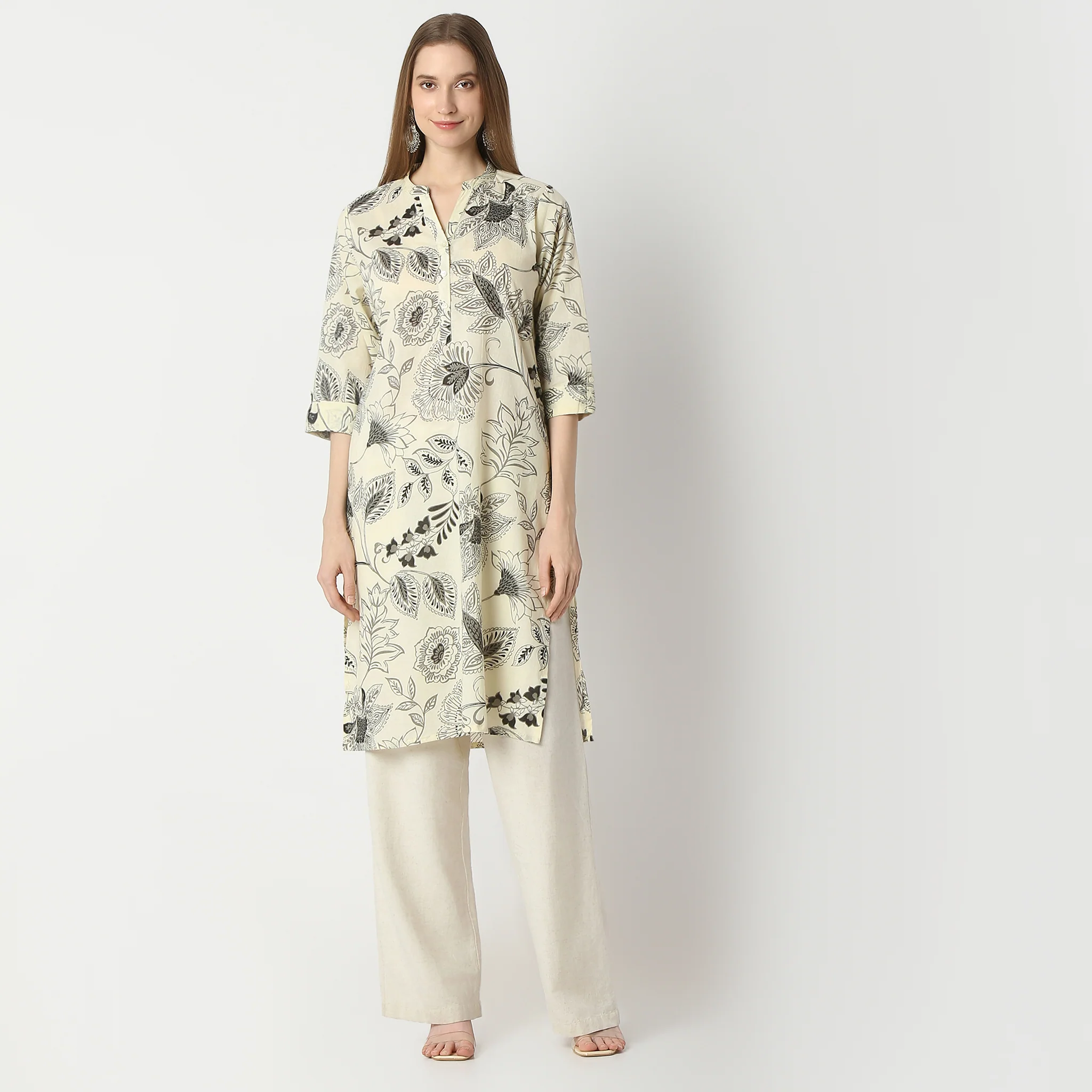 Straight Fit Floral Print Knee Length Half Placket Kurta - Image 2