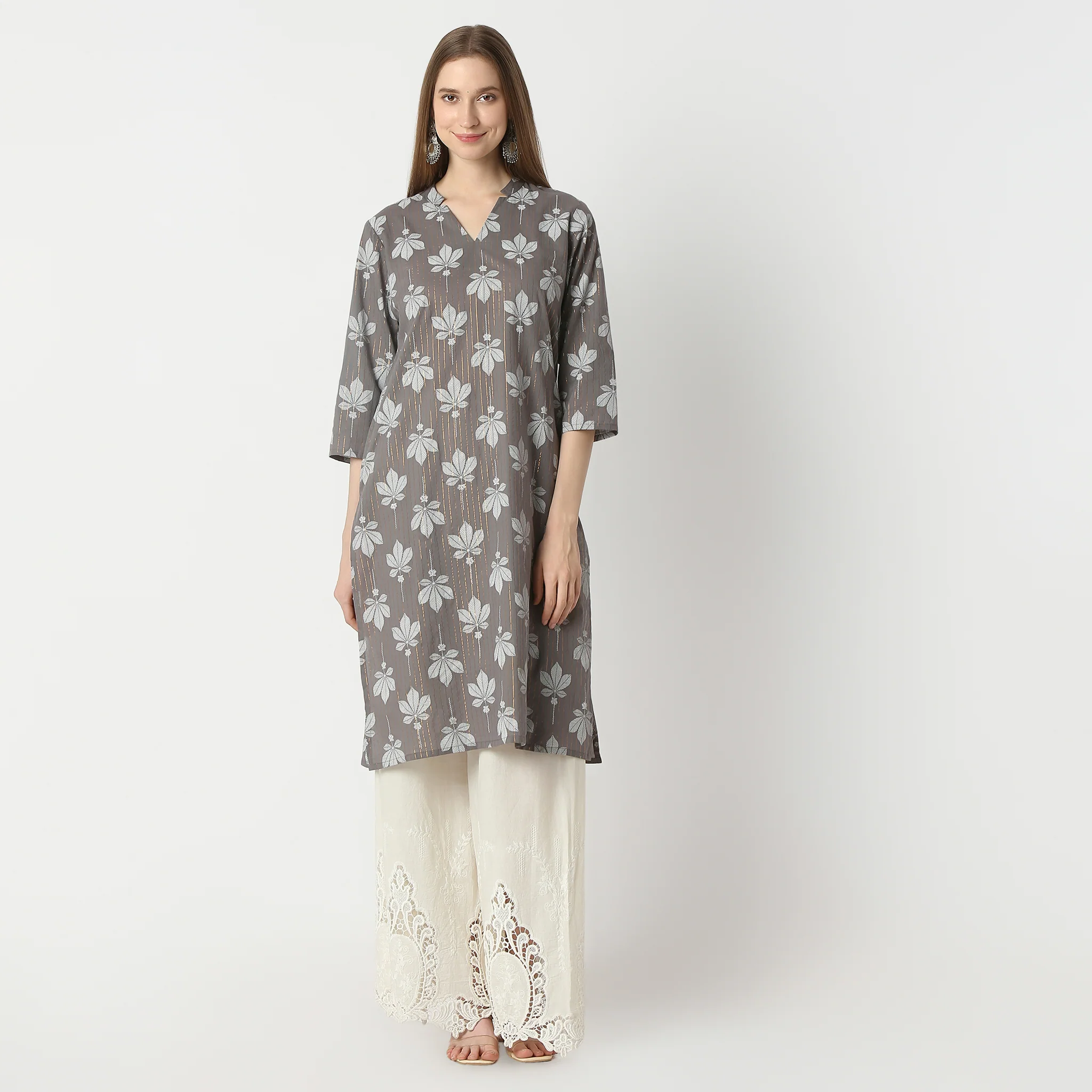 Straight Fit Floral Print V-Neck Long Kurta - Image 2