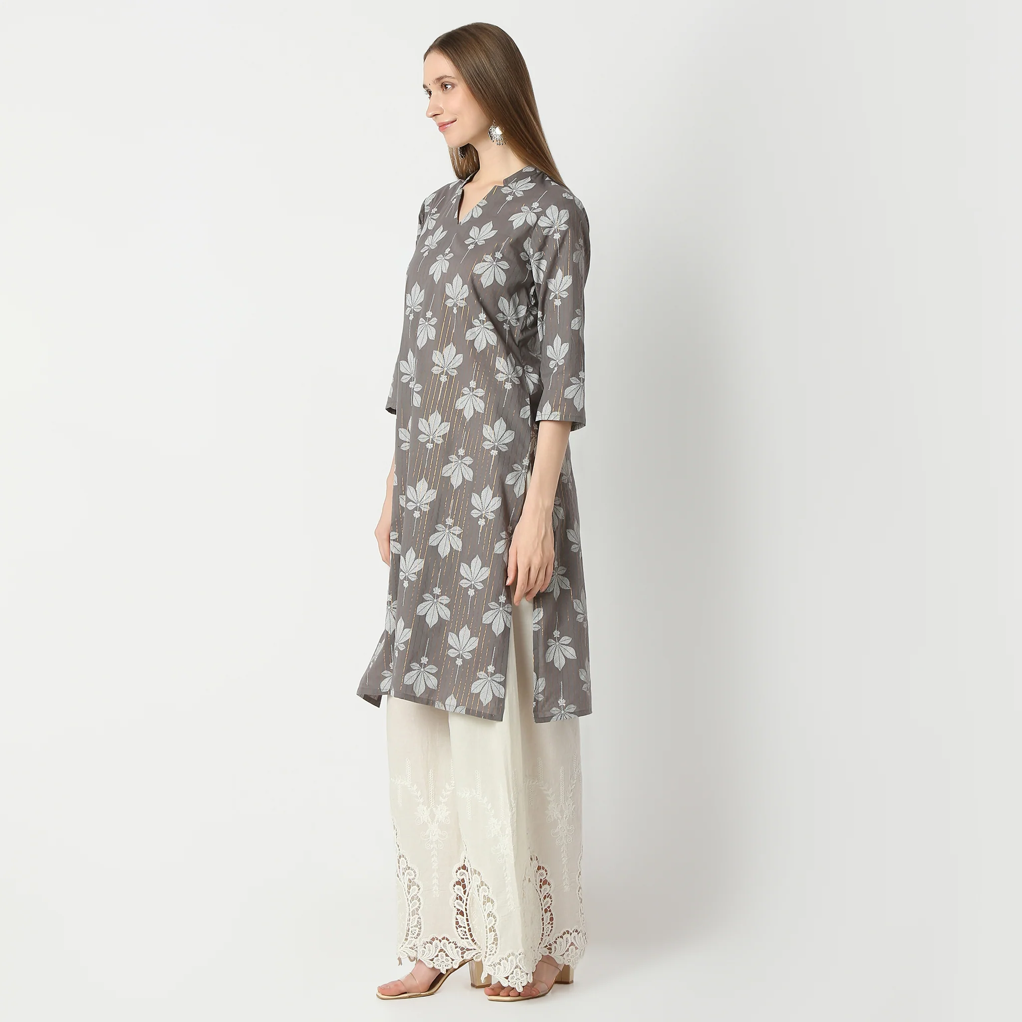 Straight Fit Floral Print V-Neck Long Kurta - Image 5