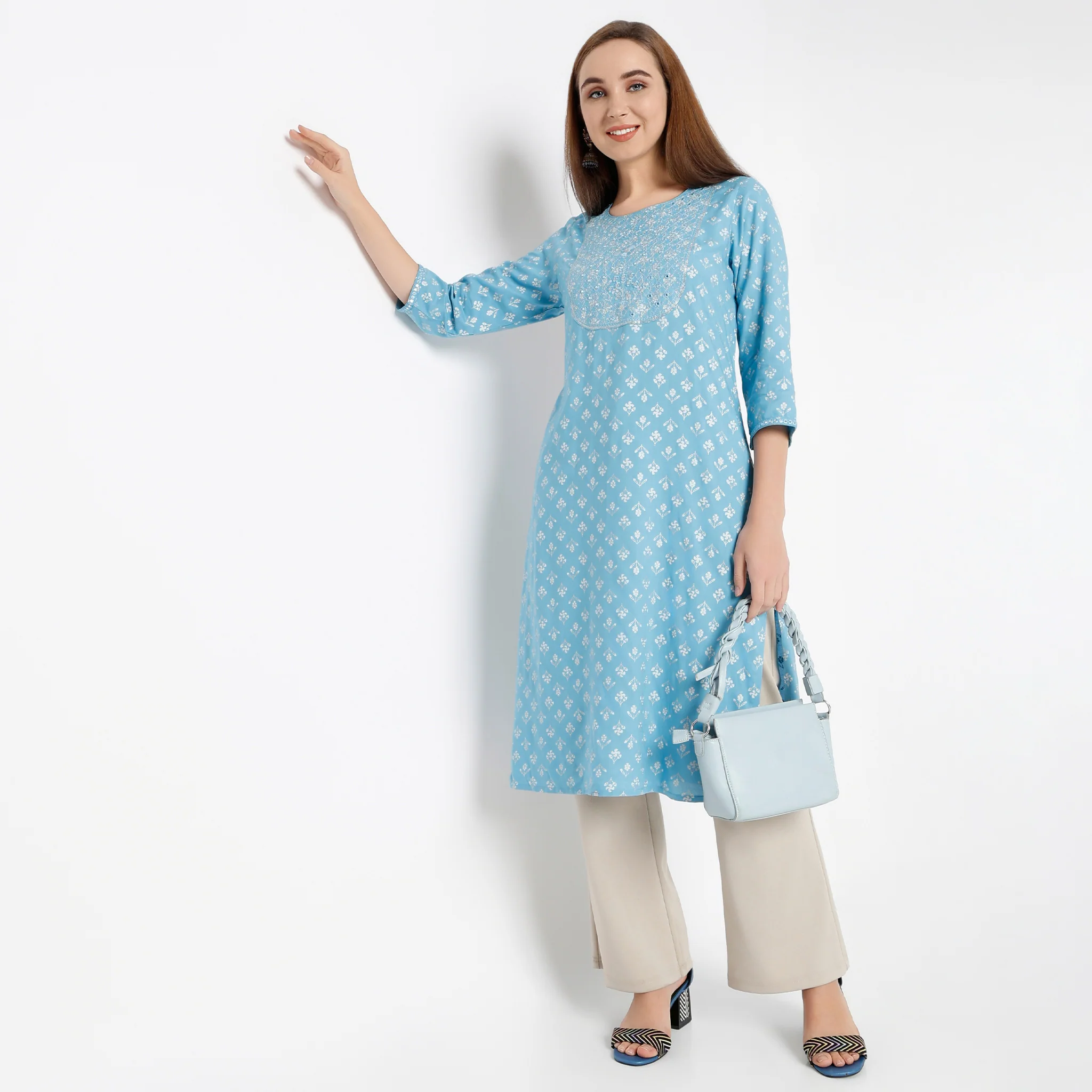 Round Neck Embroidered Yoke Knee Length Three-Fourth Sleeve Straight Fit Printed Floral Kurta