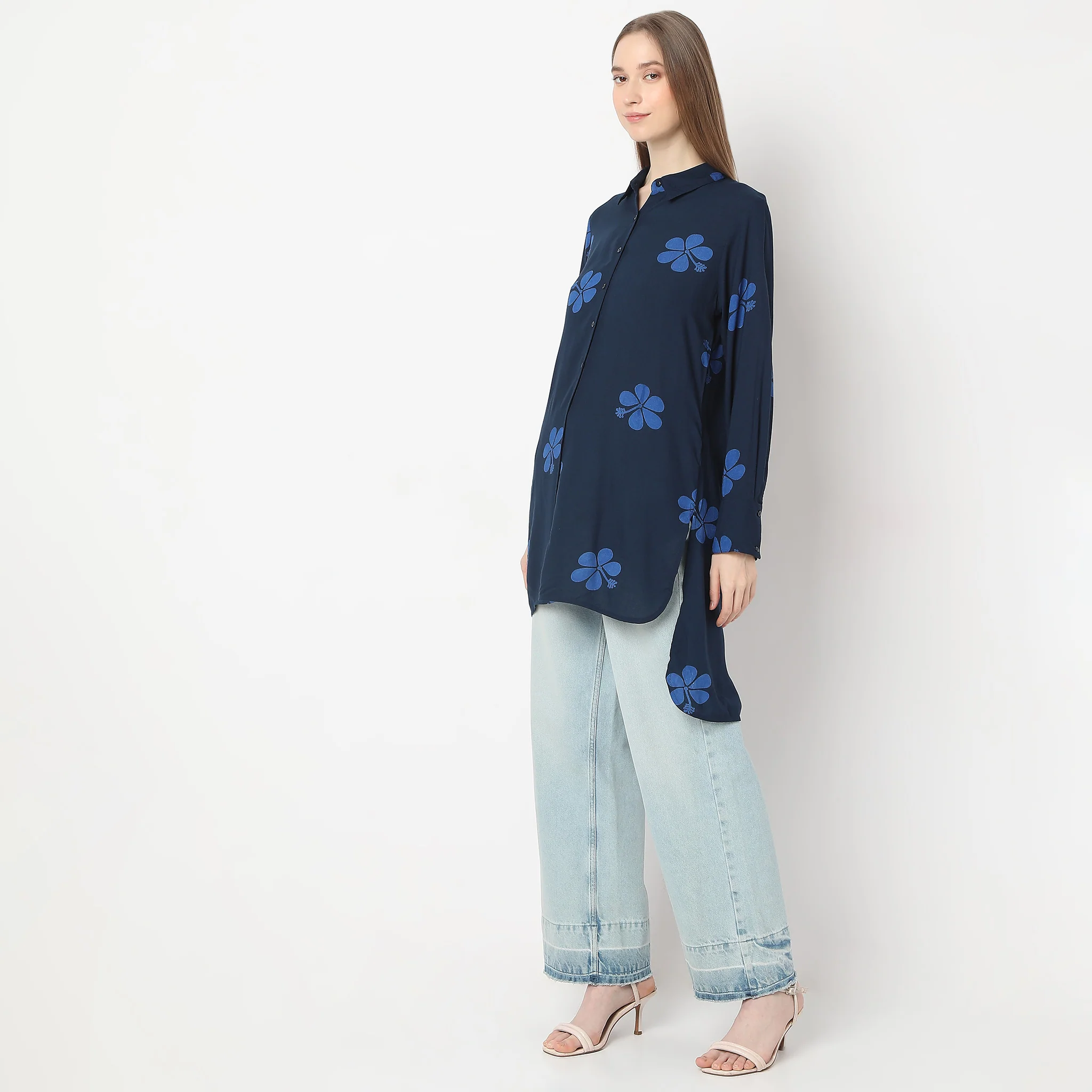 Straight Fit Printed Above Knee Shirt Collar High-Low Full Sleeve Tunic - Image 5