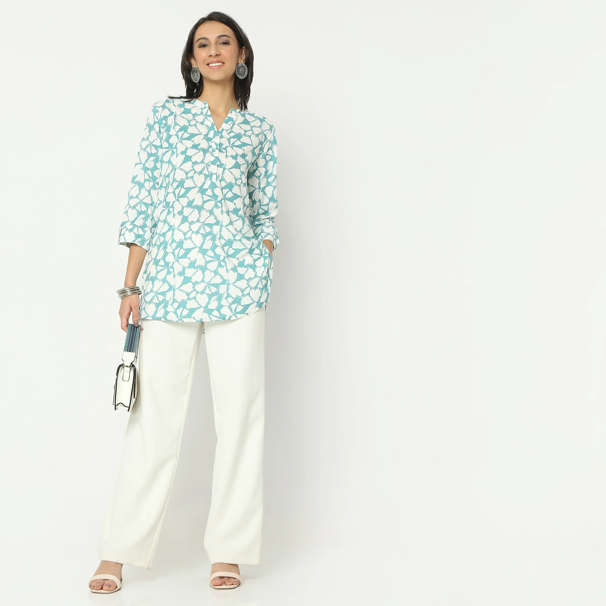 Straight Fit Printed Above Knee Band Collar Short Kurta