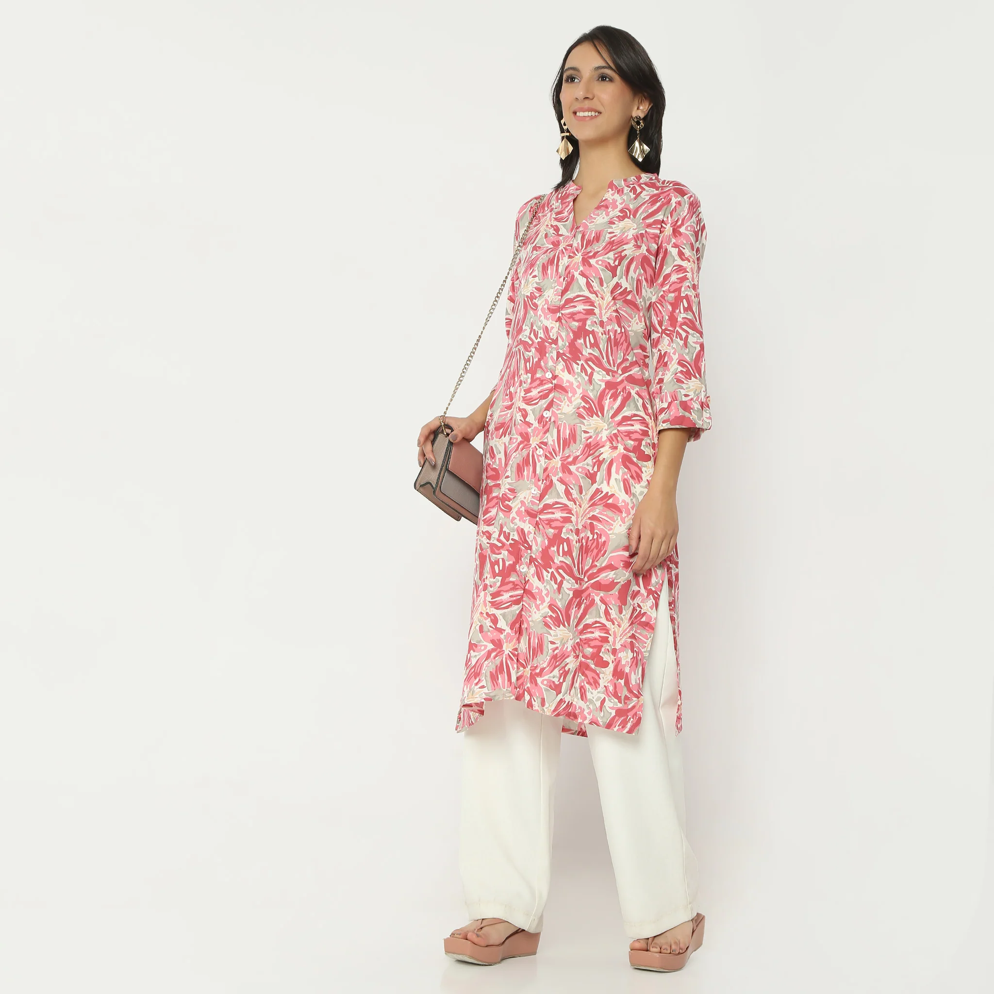Straight Fit Printed Calf Length Band Collar Kurta