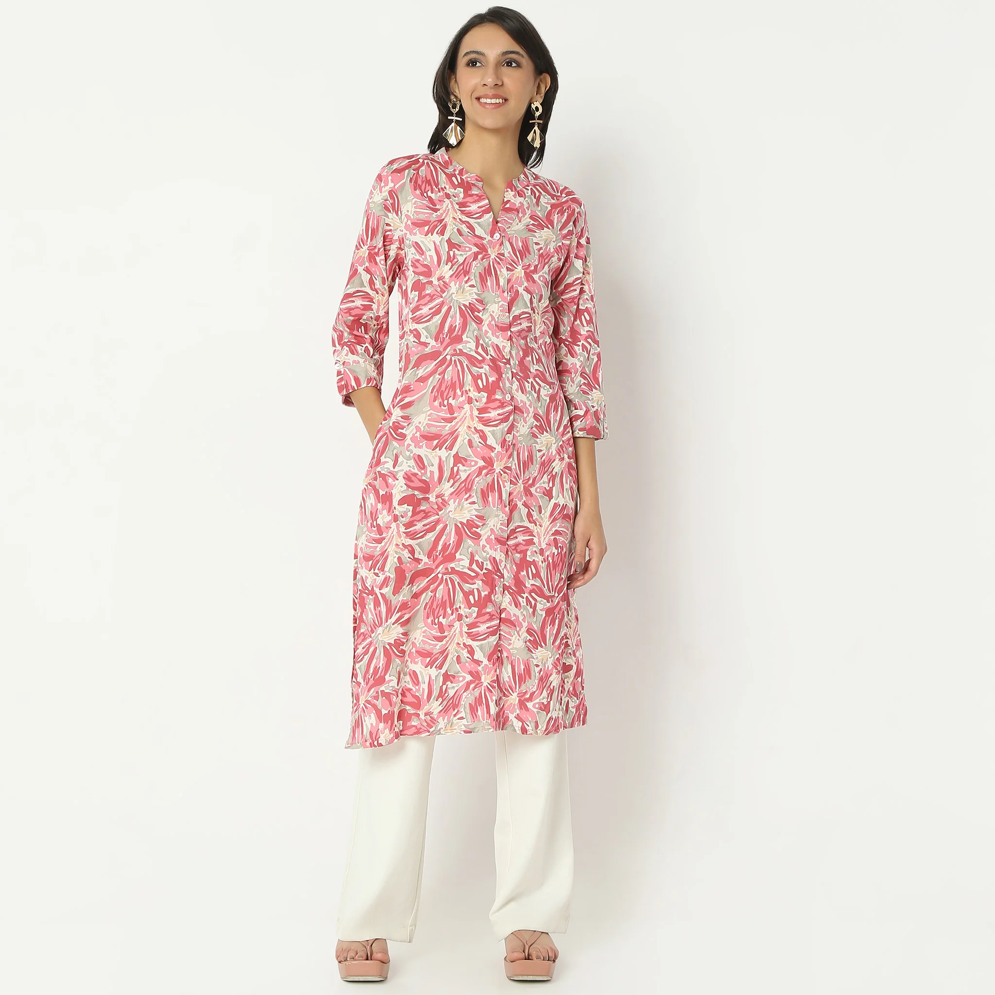 Straight Fit Printed Calf Length Band Collar Kurta - Image 2