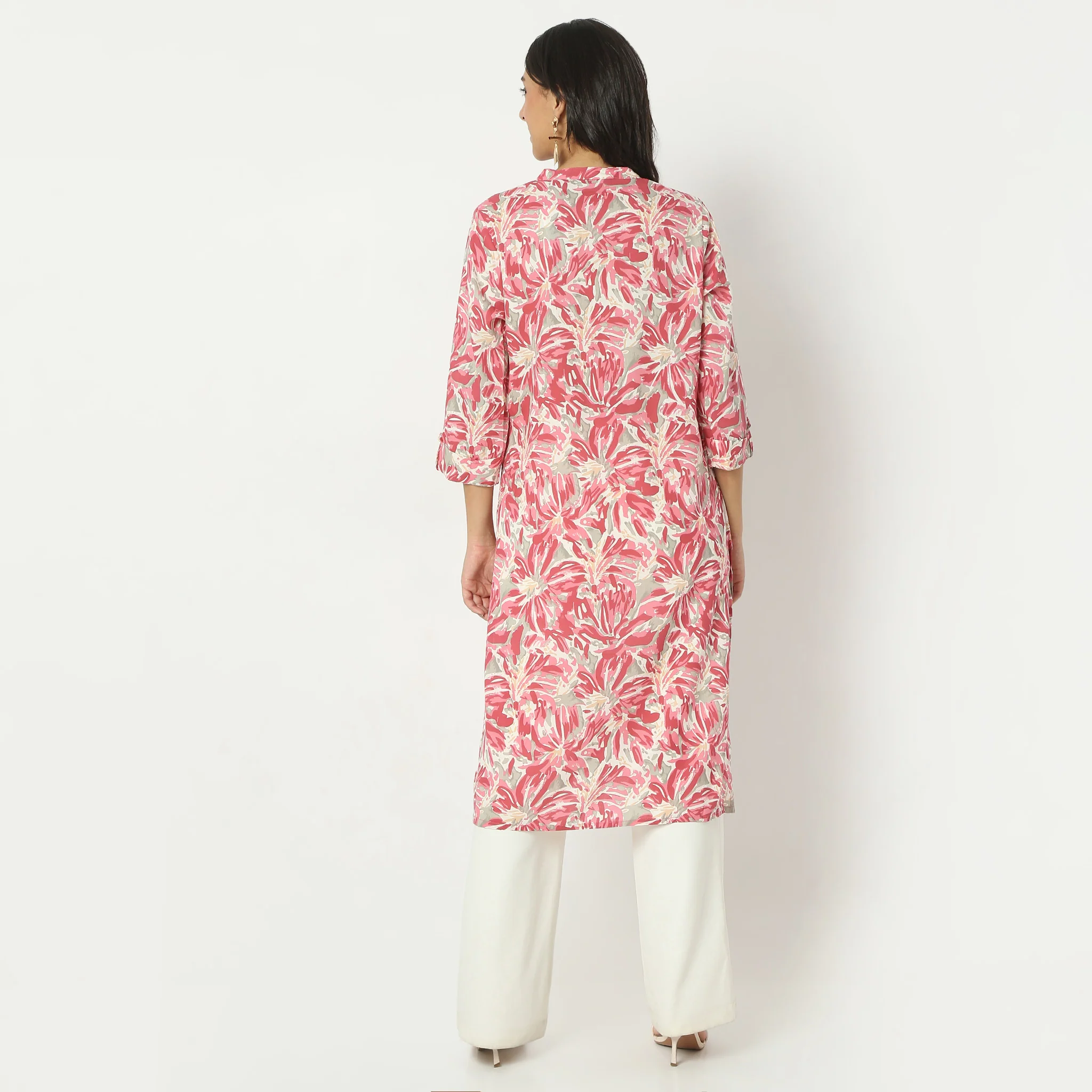 Straight Fit Printed Calf Length Band Collar Kurta - Image 3