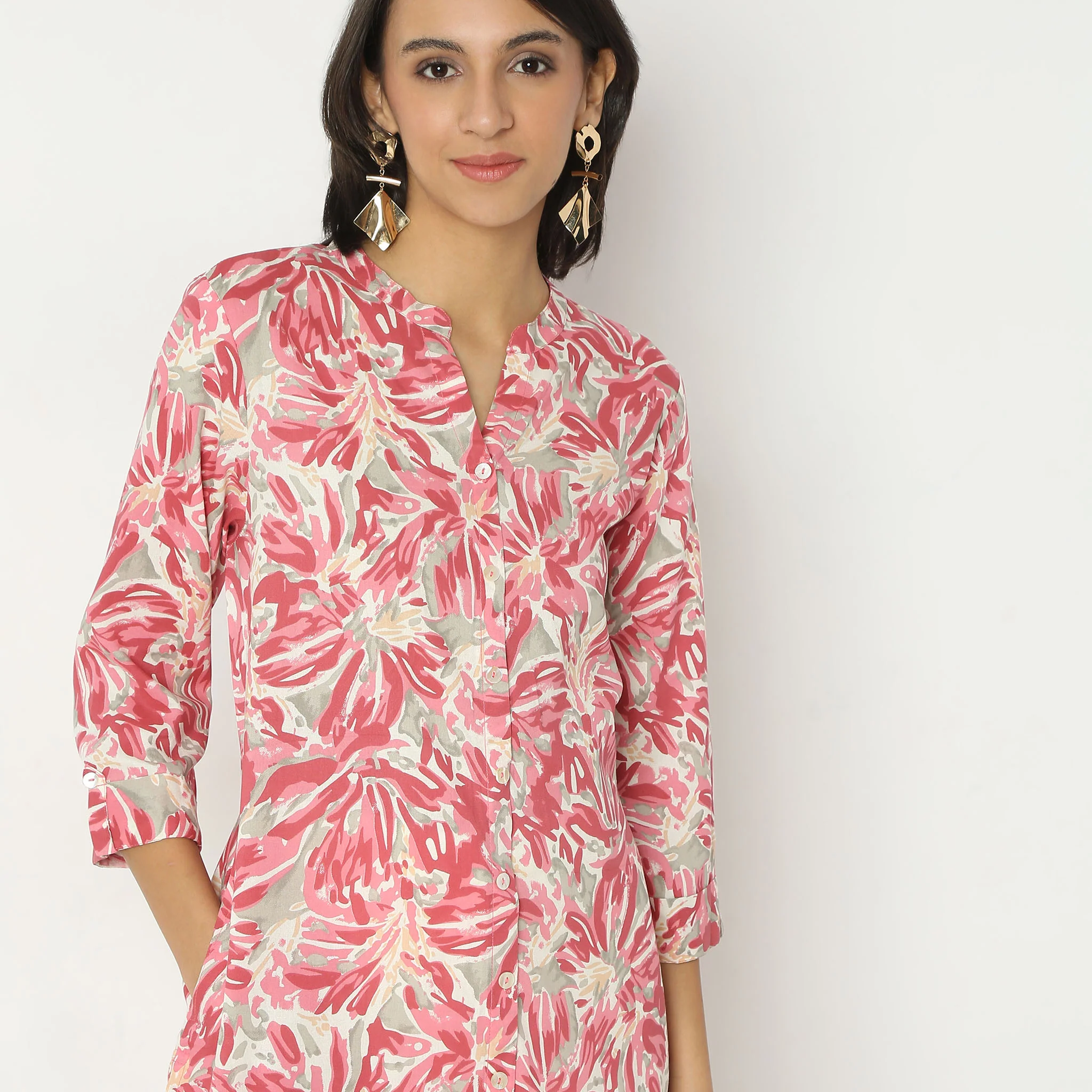 Straight Fit Printed Calf Length Band Collar Kurta - Image 4
