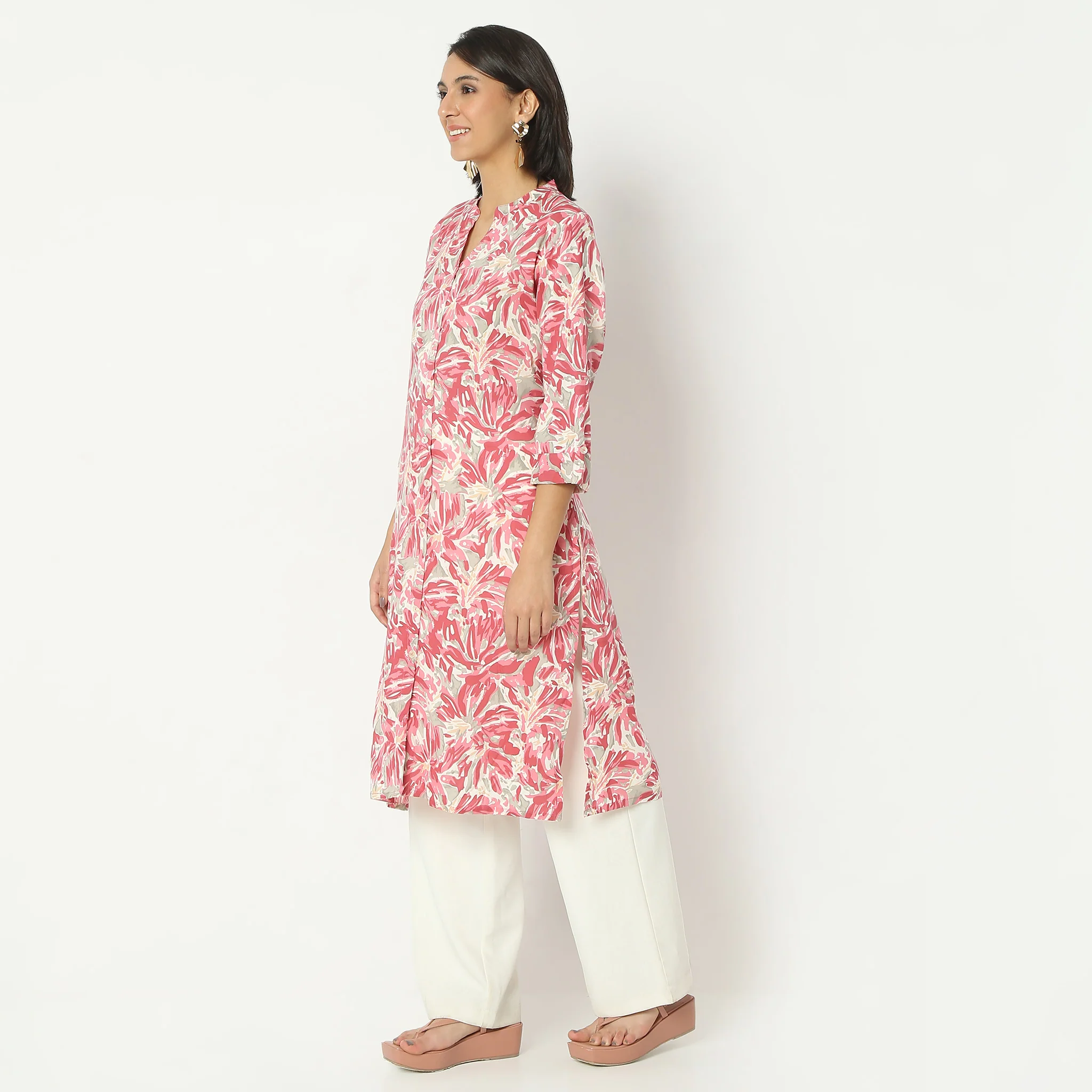 Straight Fit Printed Calf Length Band Collar Kurta - Image 5