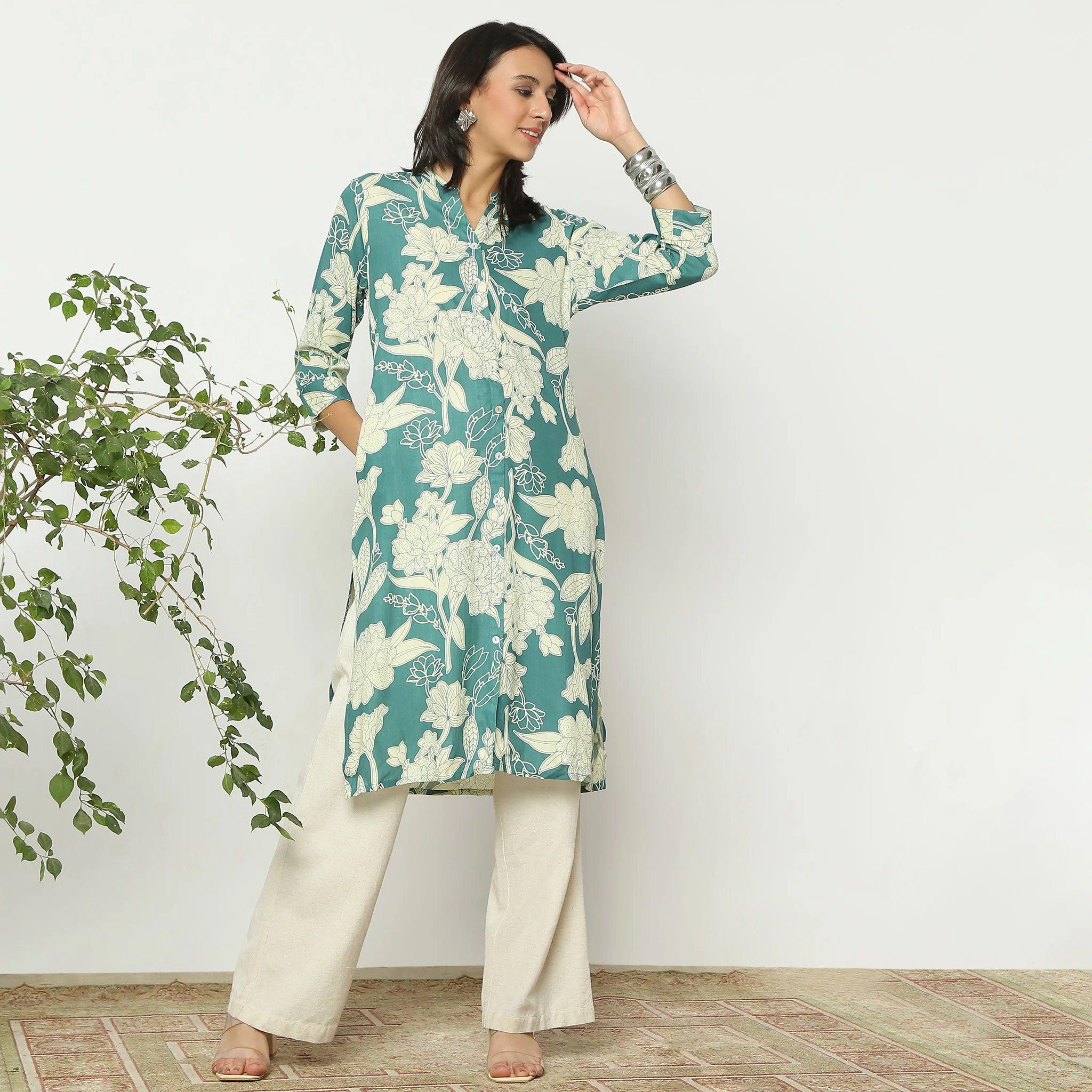 Straight Fit Printed Calf Length Band Collar Kurta