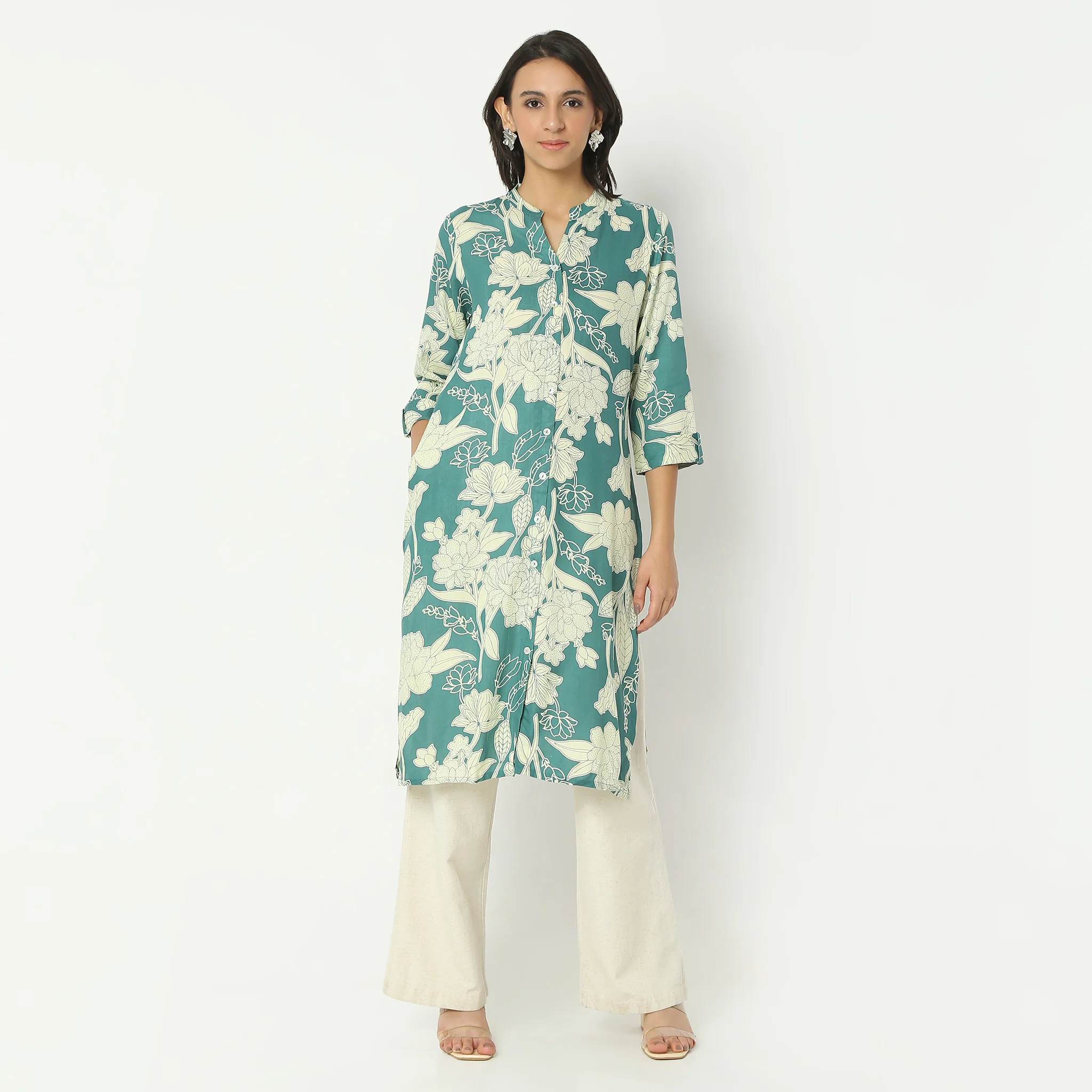 Straight Fit Printed Calf Length Band Collar Kurta - Image 2