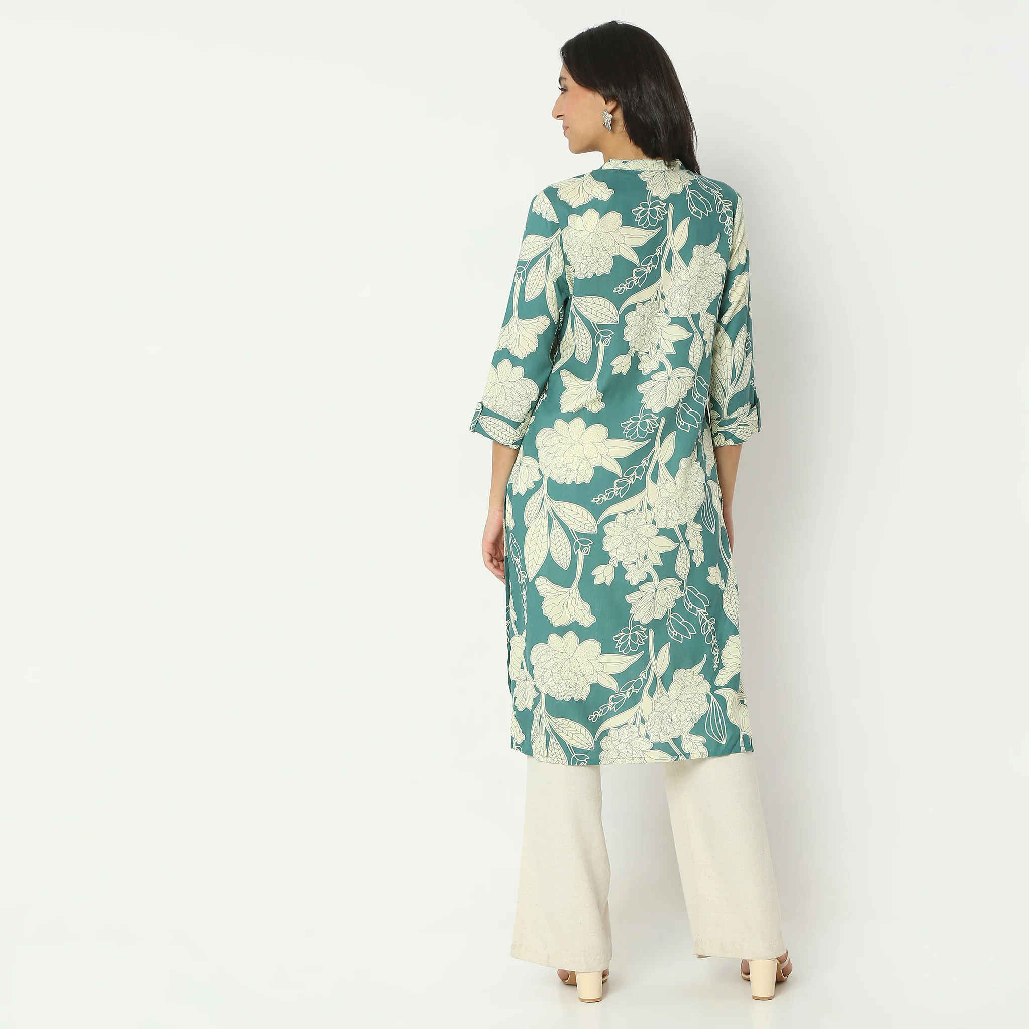 Straight Fit Printed Calf Length Band Collar Kurta - Image 3