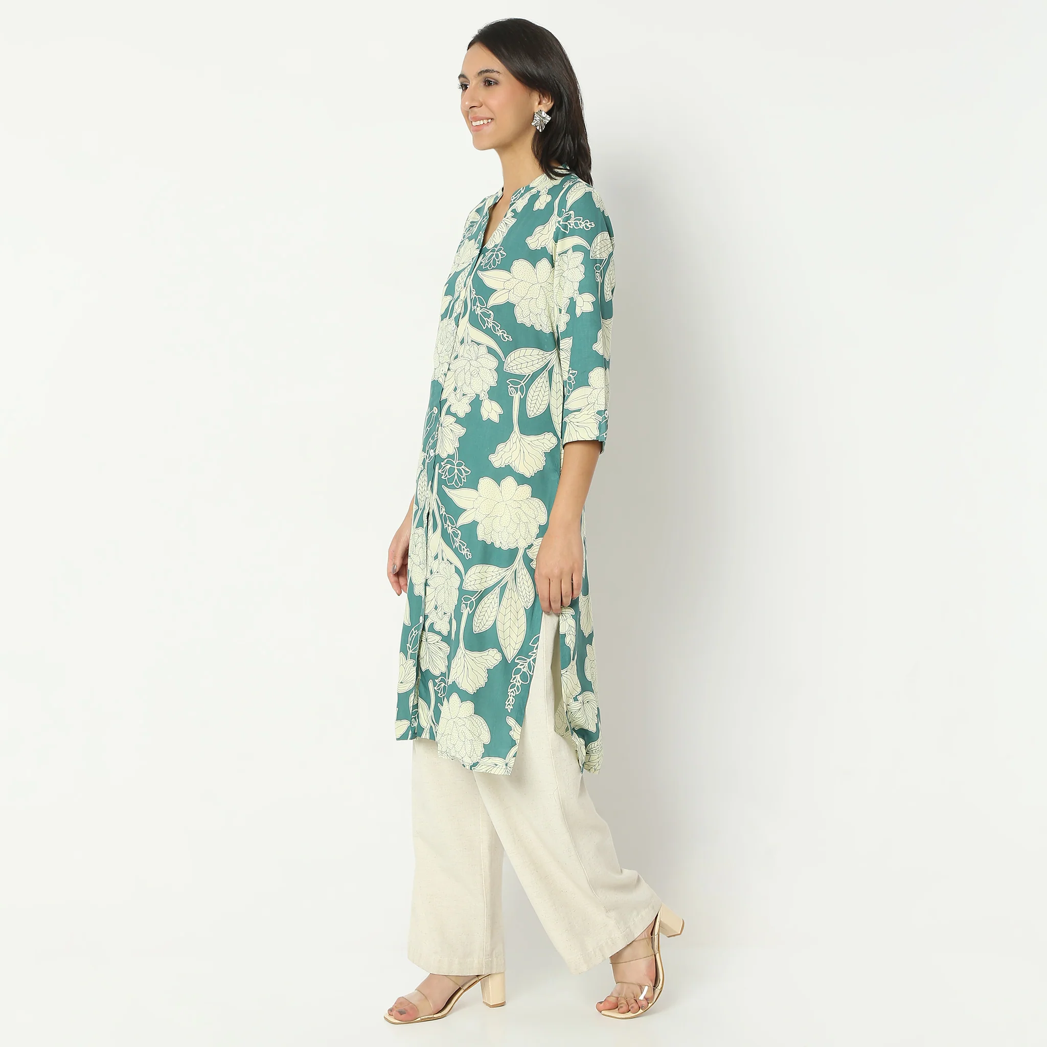 Straight Fit Printed Calf Length Band Collar Kurta - Image 5