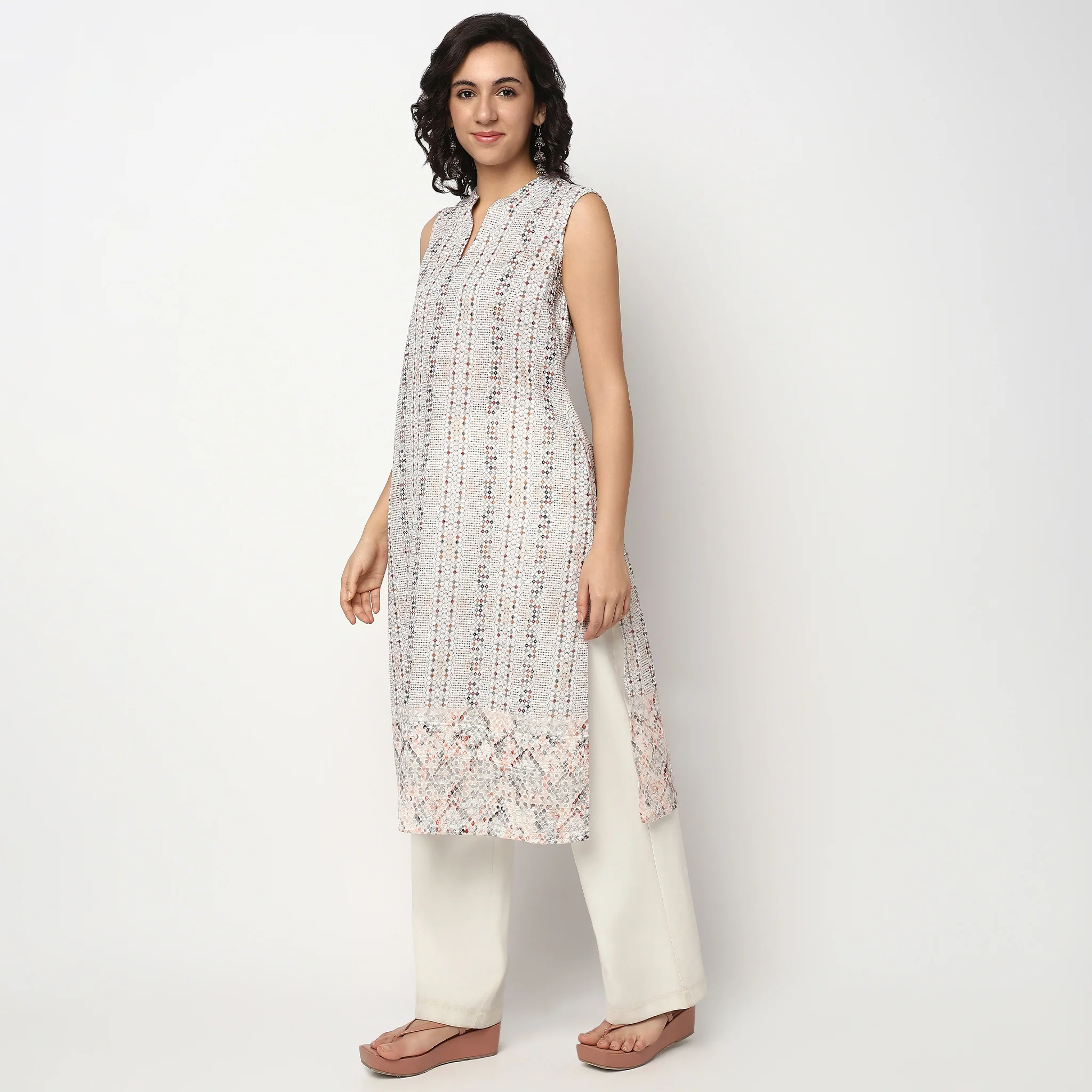 Printed Band Collar Kurta - Image 10