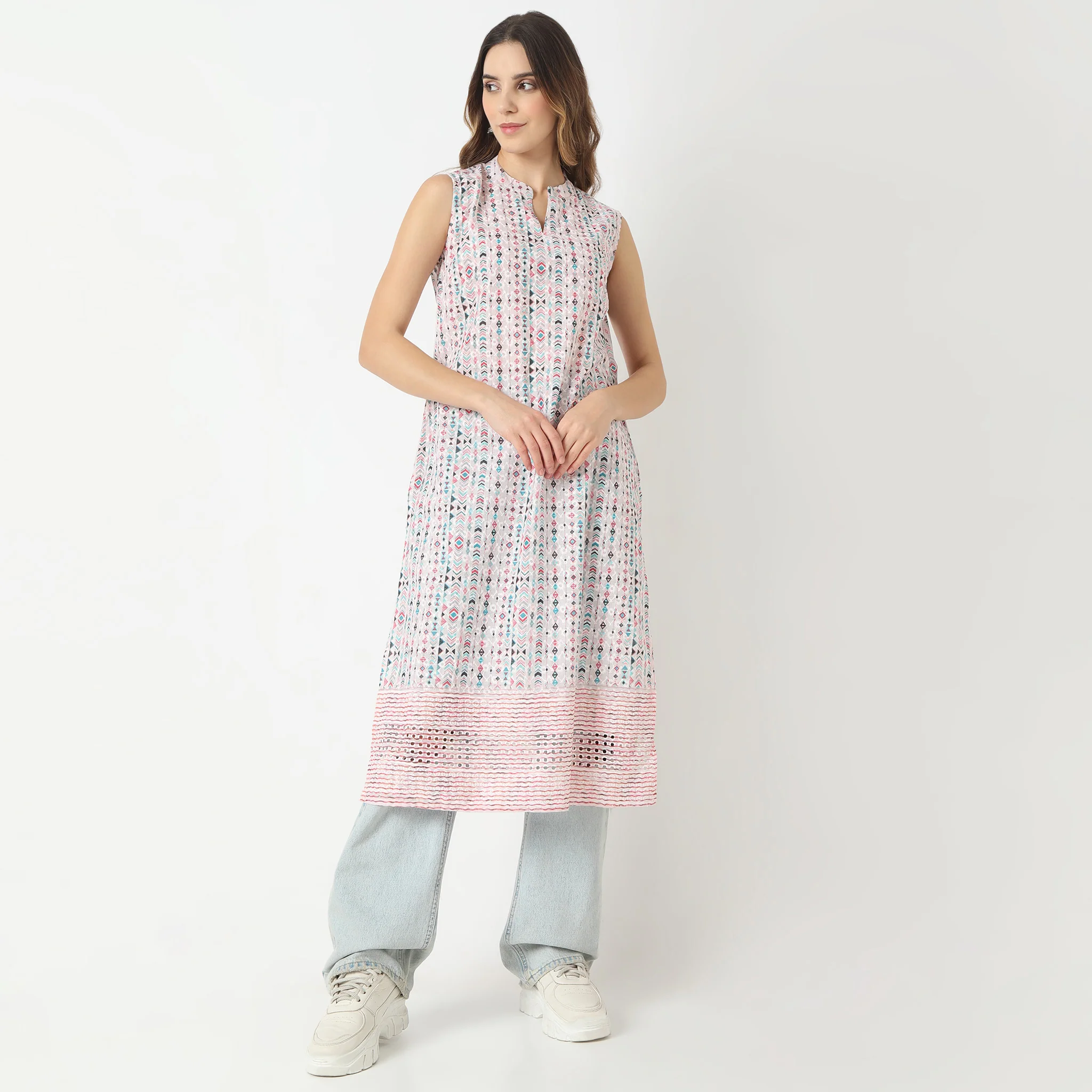 Printed Band Collar Kurta - Image 2