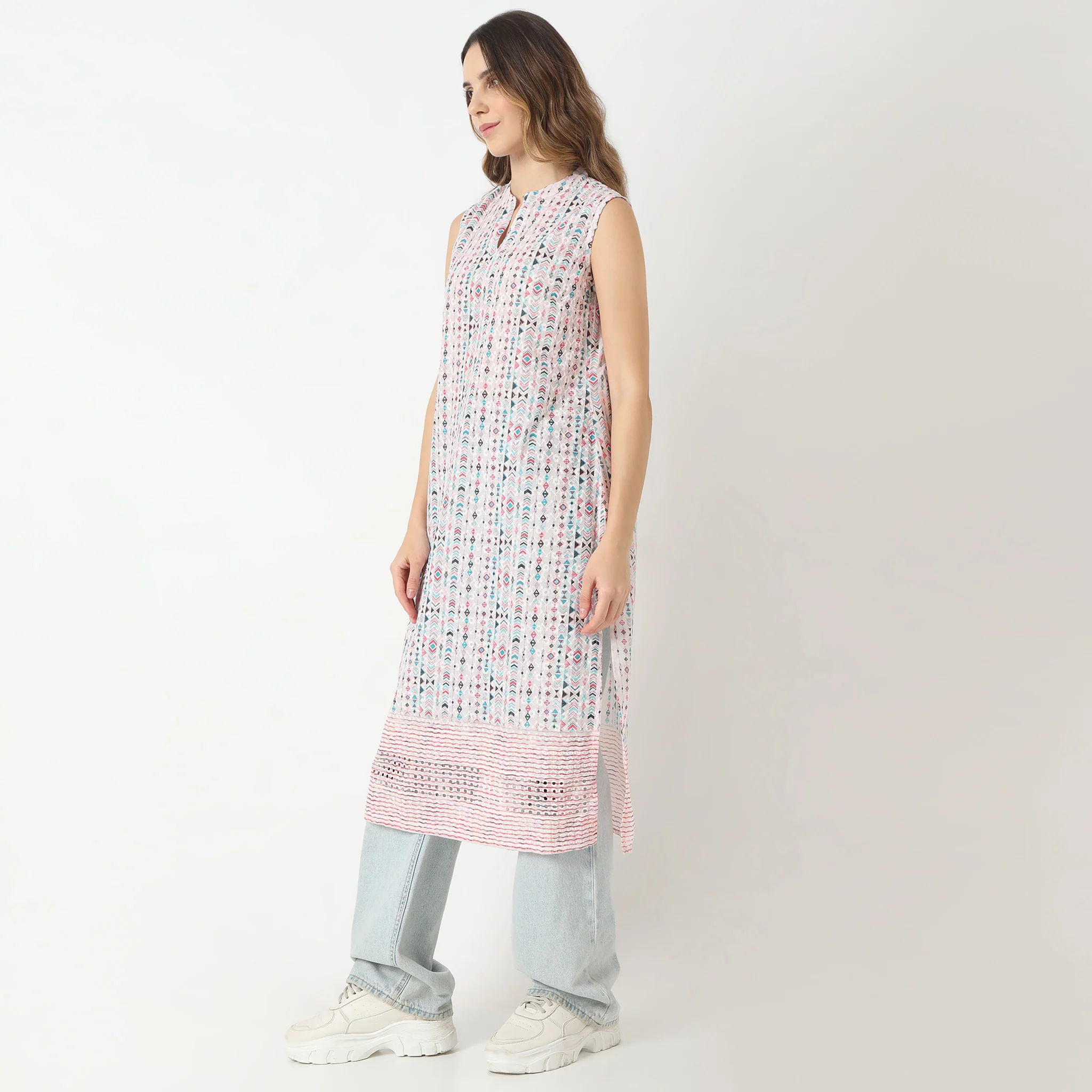 Printed Band Collar Kurta - Image 5