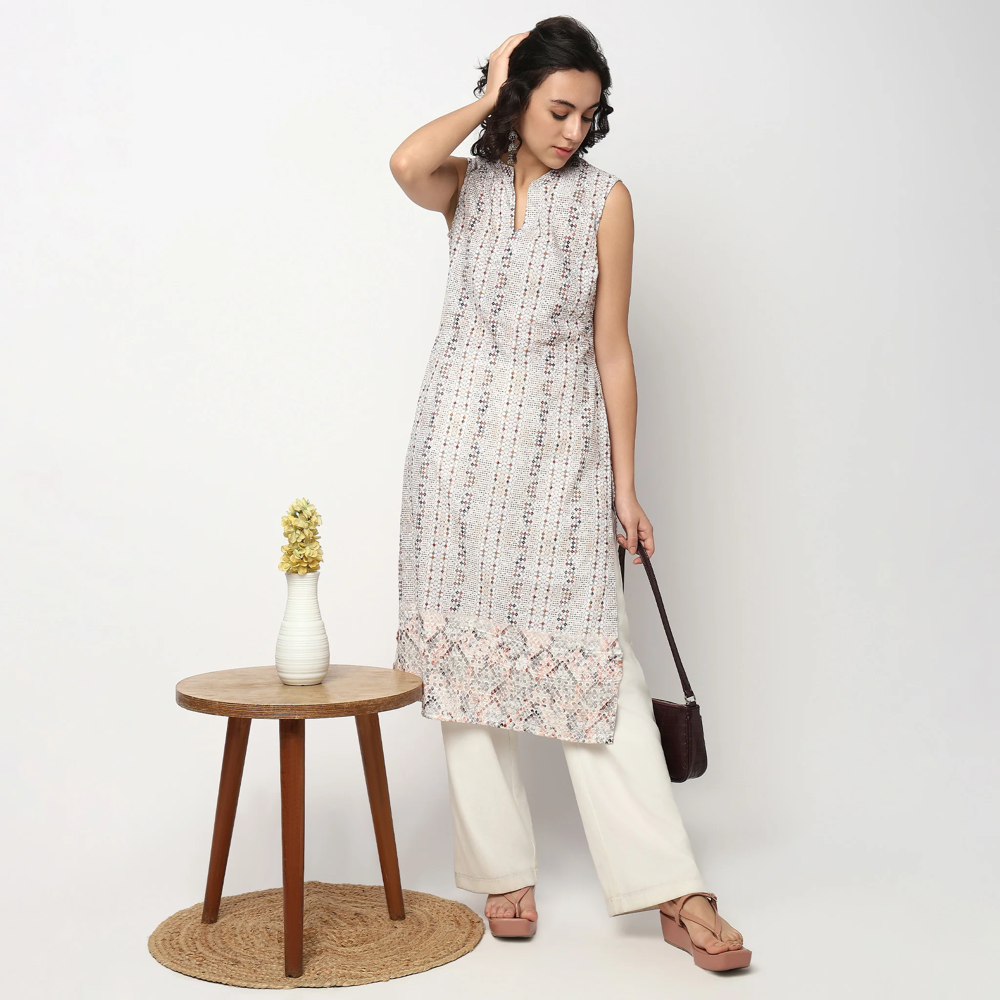 Printed Band Collar Kurta - Image 6