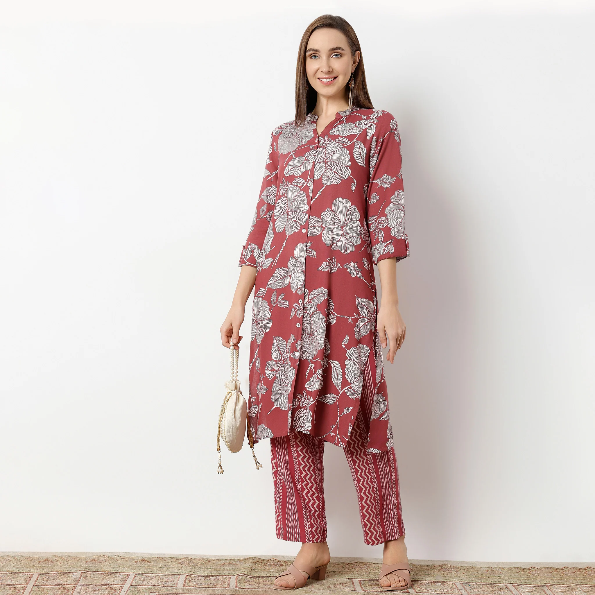 Band Collar Calf Length Straight Fit Printed Kurta - Image 2