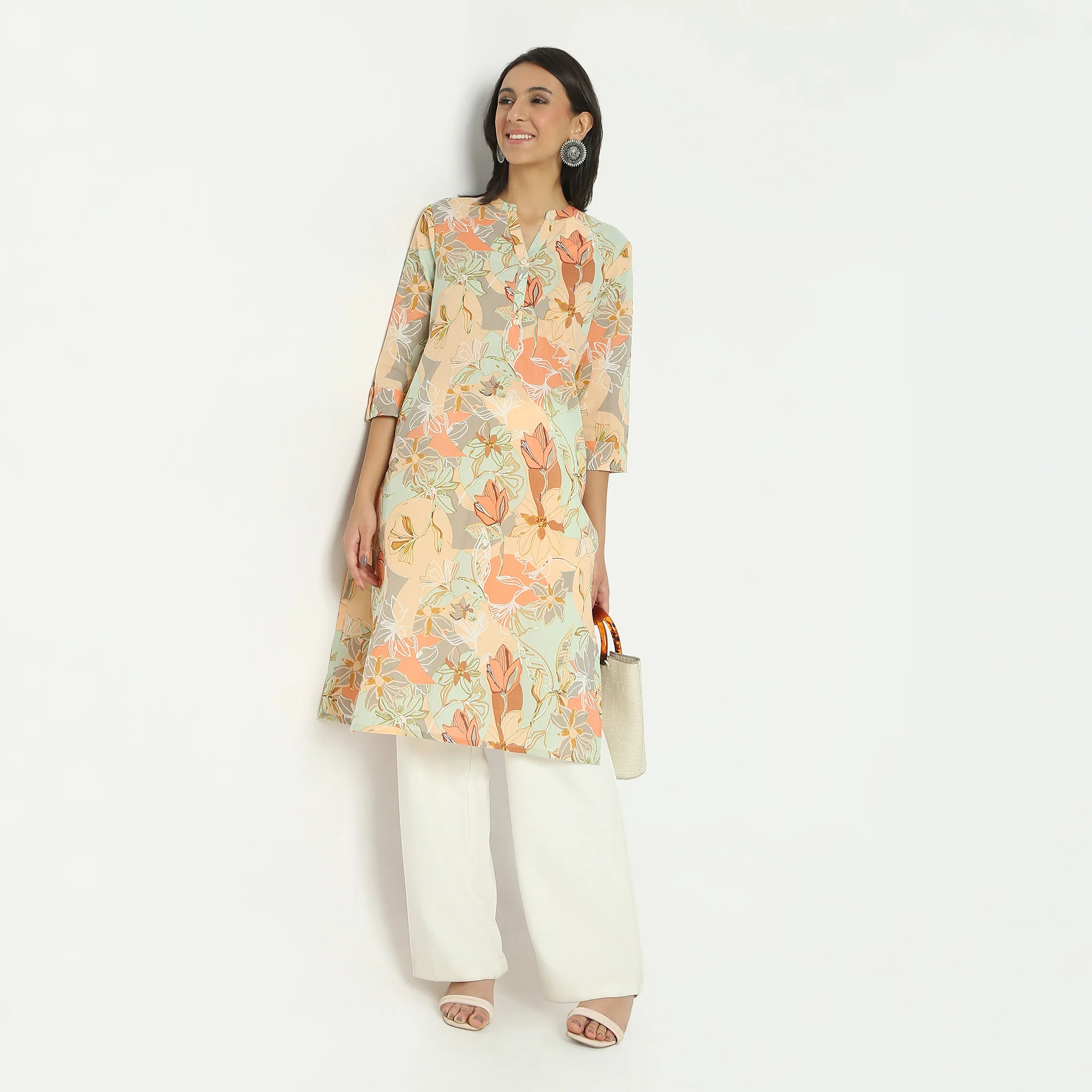 Straight Fit Printed Calf Length Band Neck Kurta