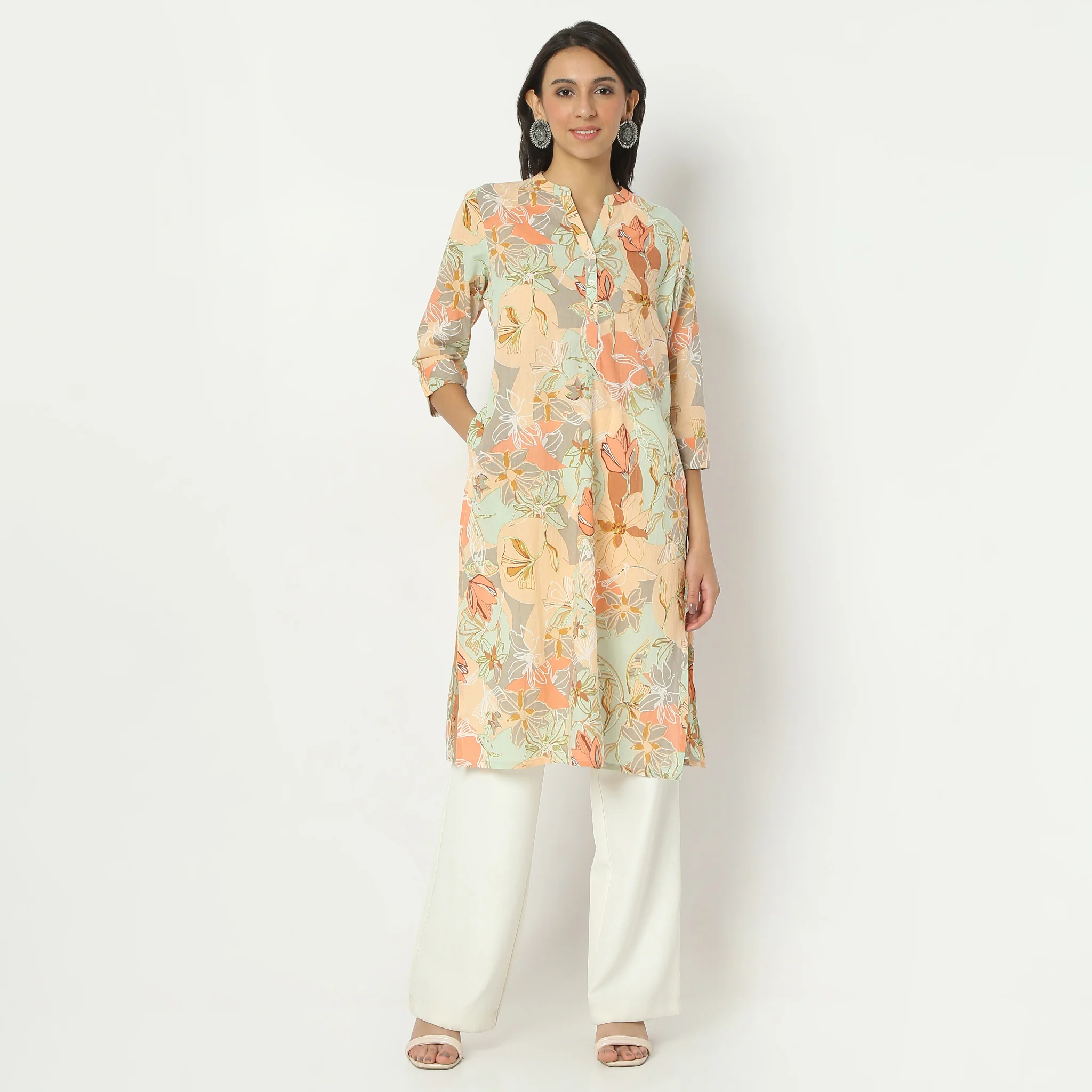 Straight Fit Printed Calf Length Band Neck Kurta - Image 2