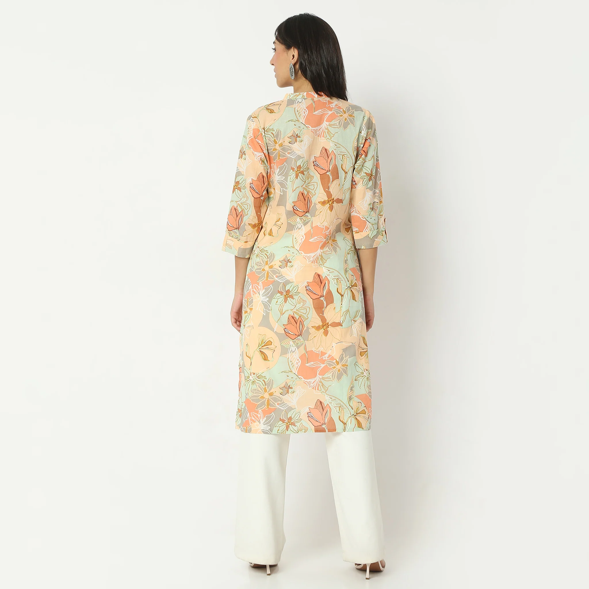 Straight Fit Printed Calf Length Band Neck Kurta - Image 3