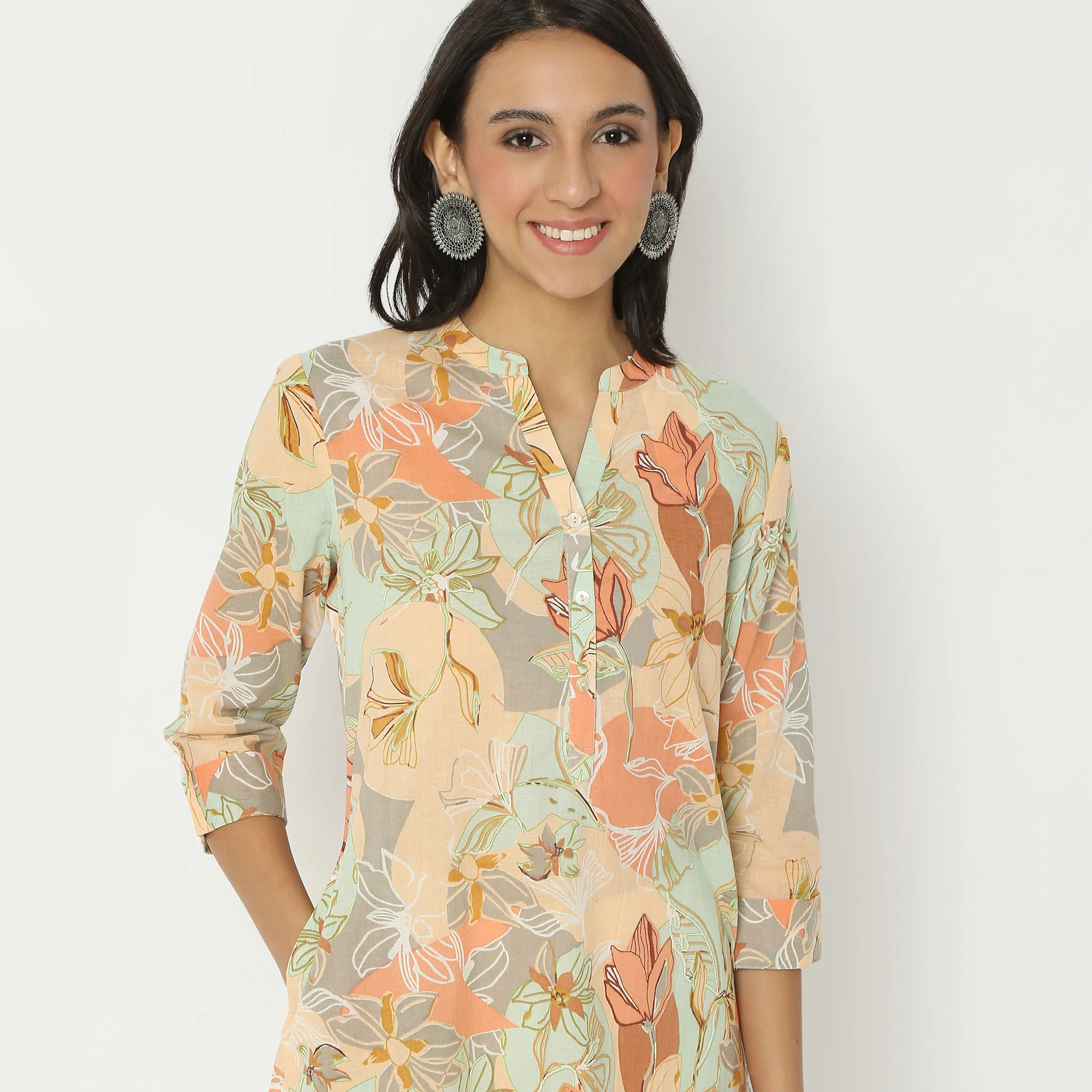Straight Fit Printed Calf Length Band Neck Kurta - Image 4