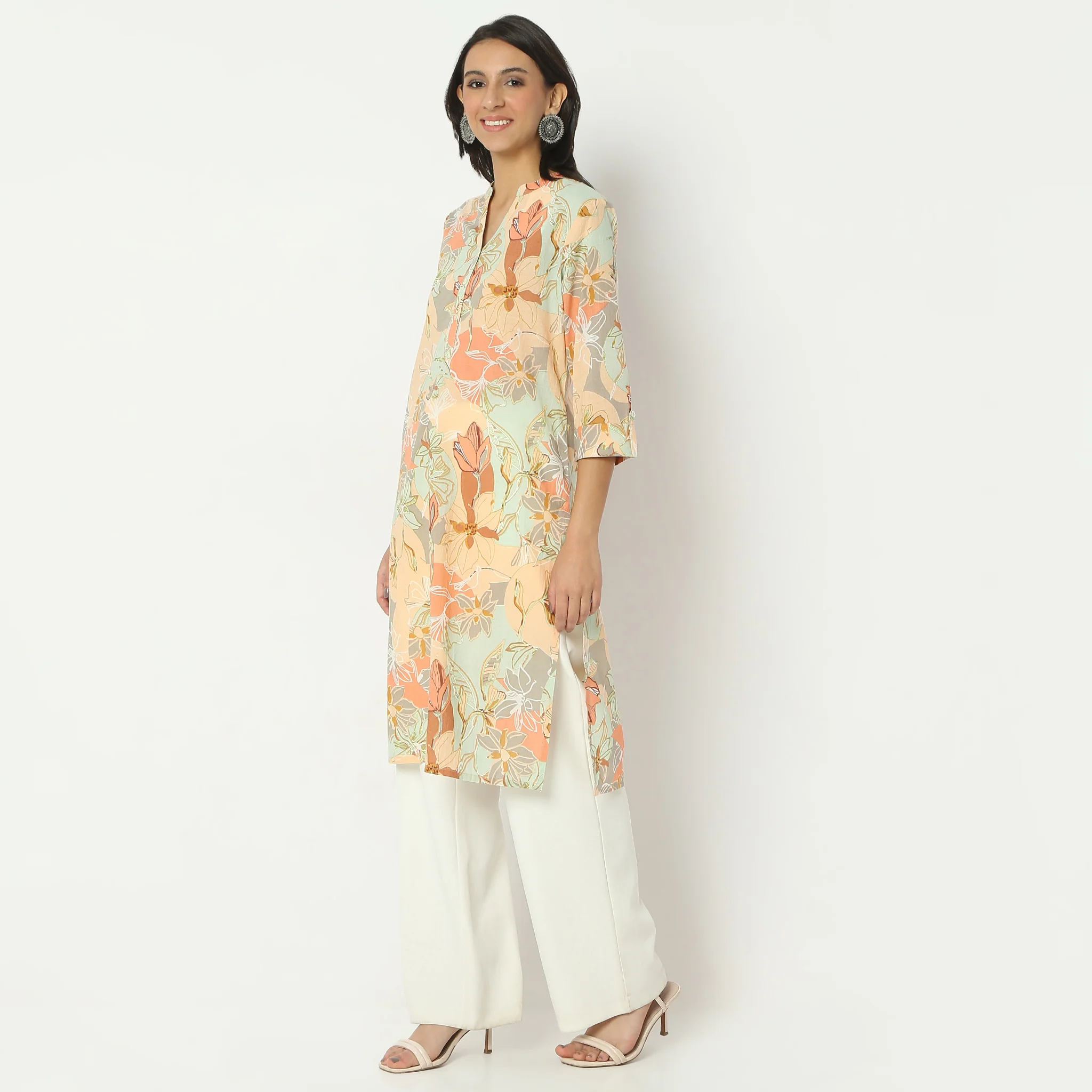 Straight Fit Printed Calf Length Band Neck Kurta - Image 5