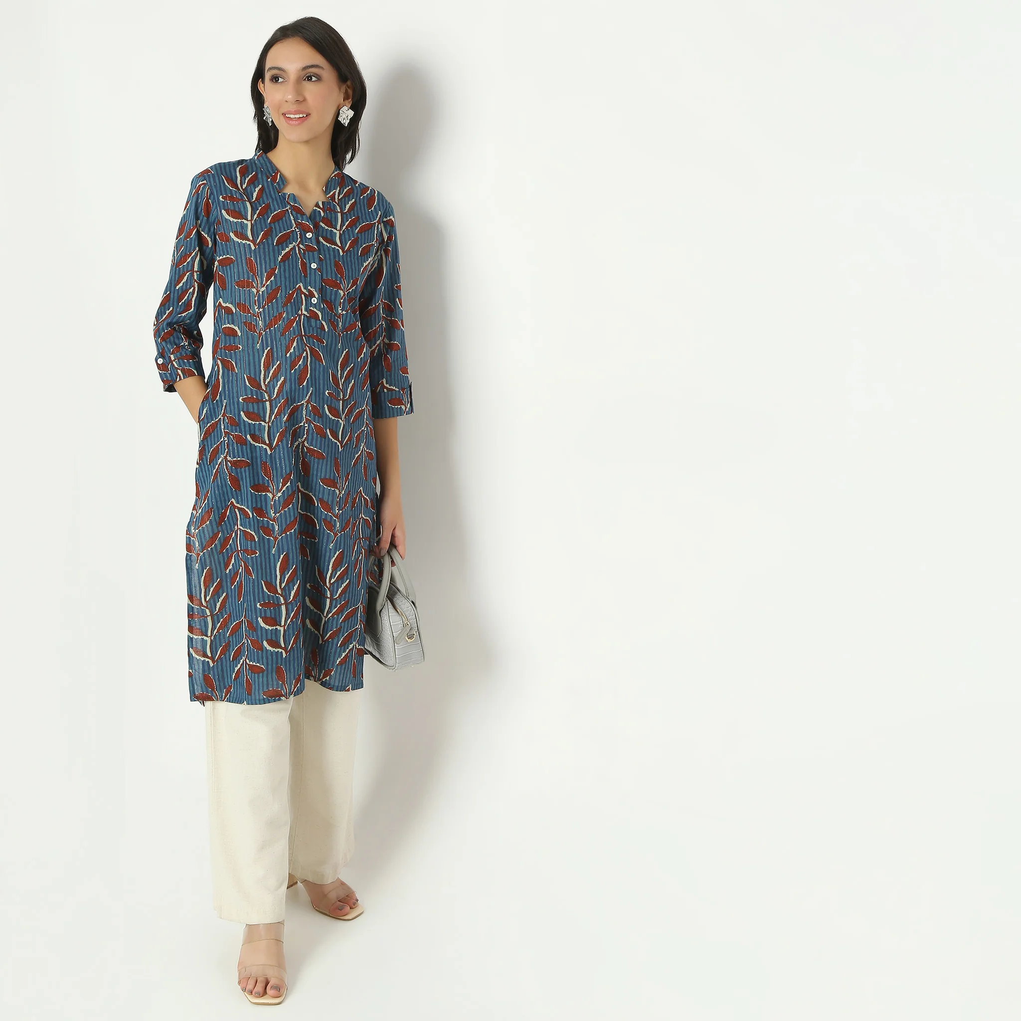 Straight Fit Printed Calf Length Band Neck Kurta