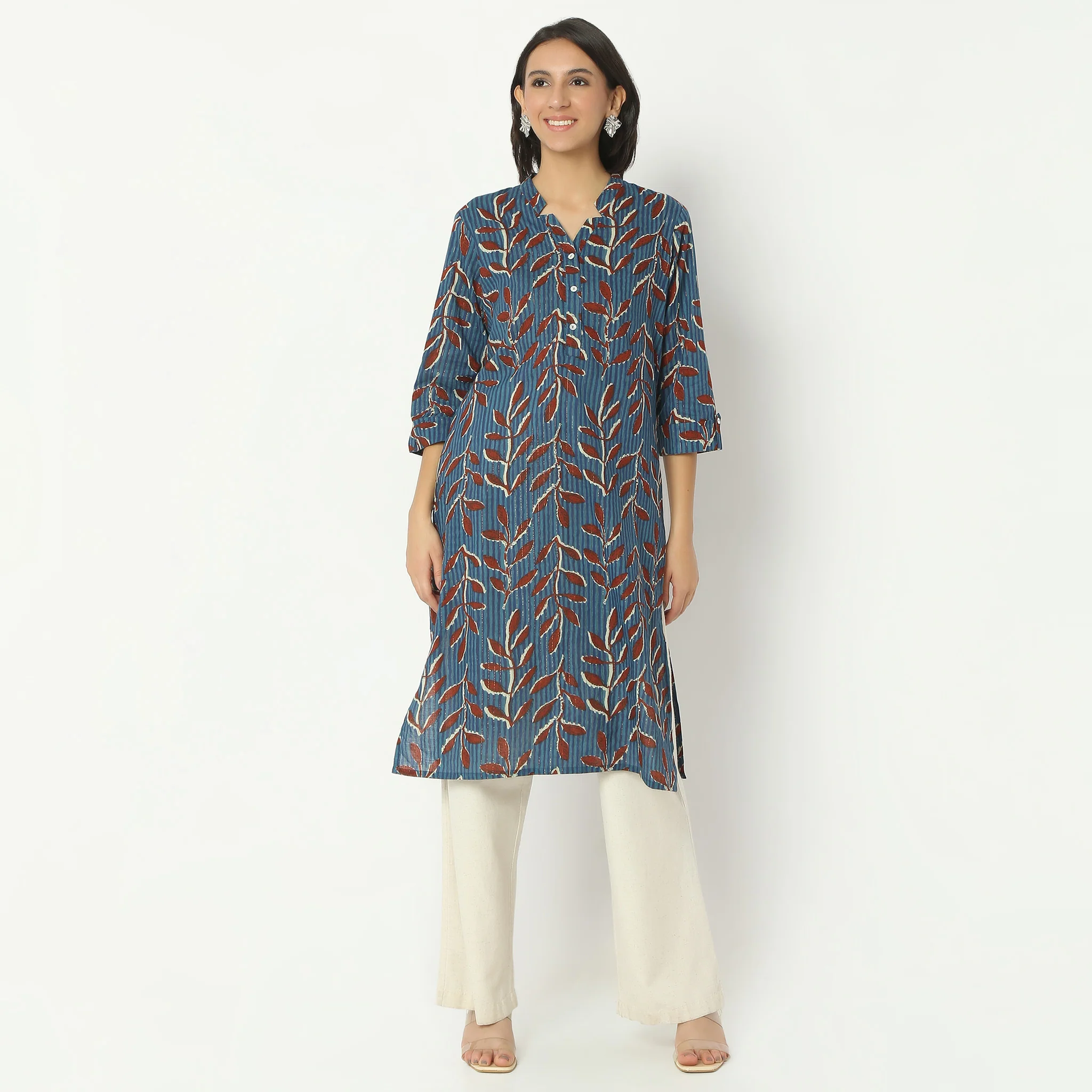Straight Fit Printed Calf Length Band Neck Kurta - Image 2