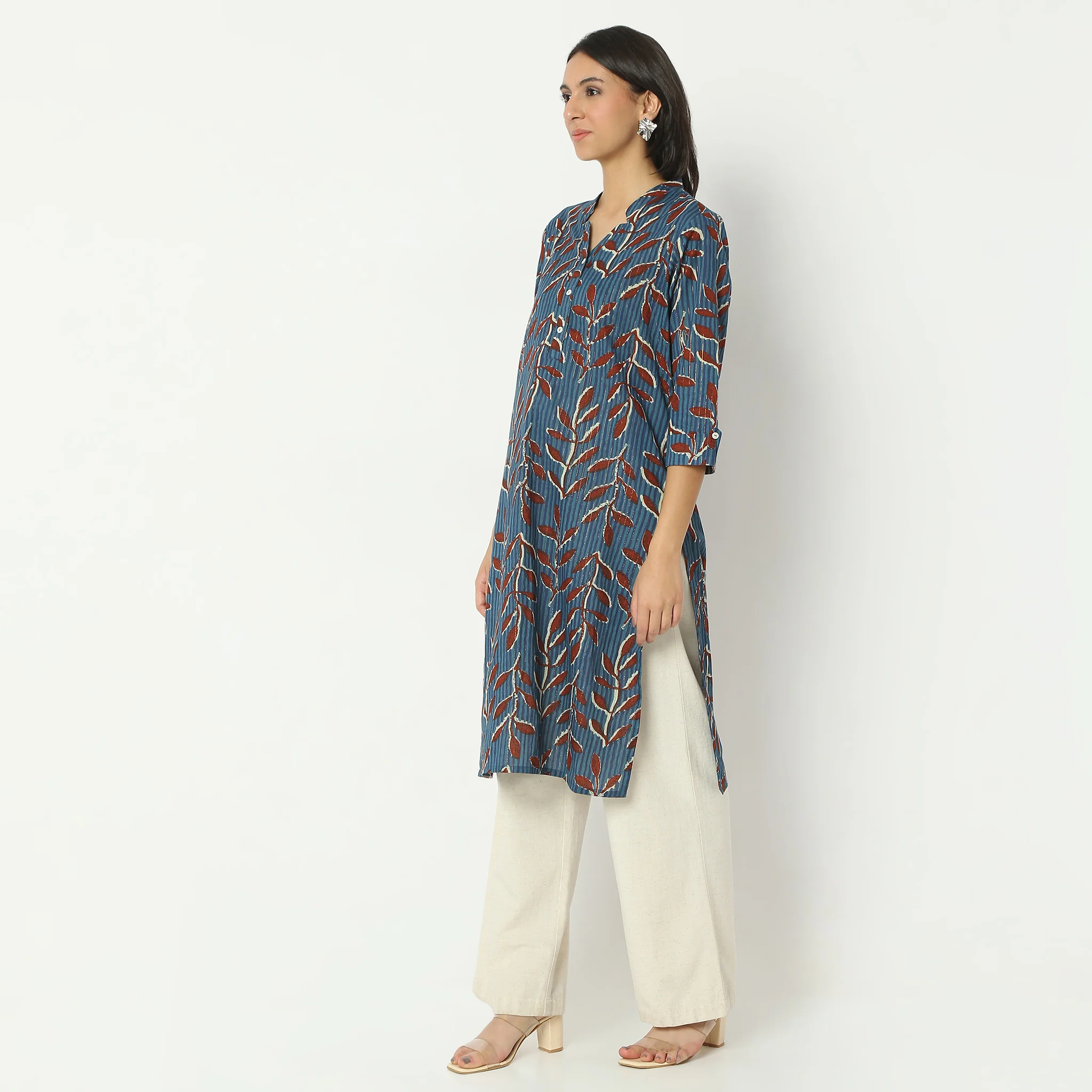 Straight Fit Printed Calf Length Band Neck Kurta - Image 5