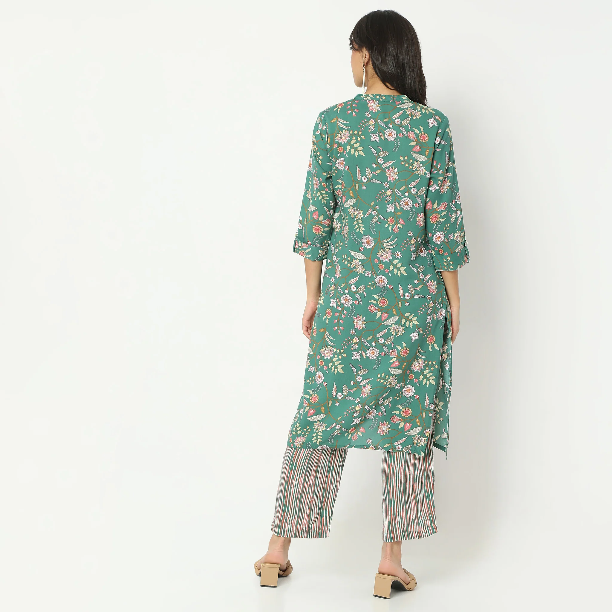 Straight Fit Printed Calf Length Band Neck Kurta - Image 3
