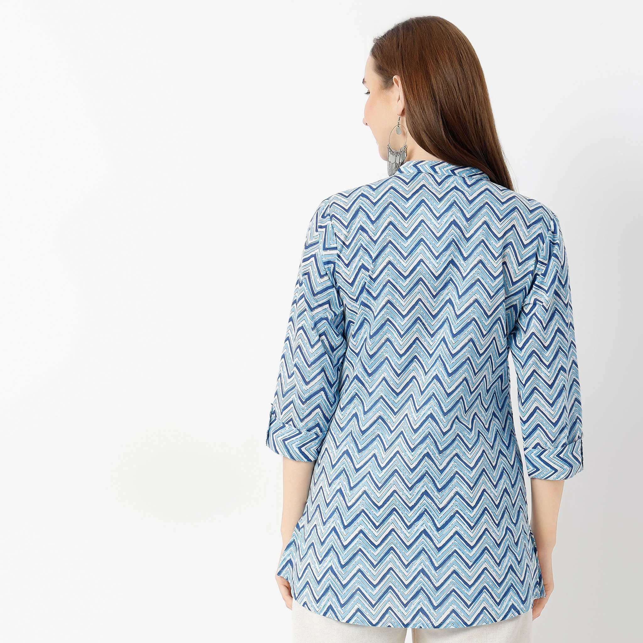 Band Neck Straight Fit Printed Short Kurta - Image 3