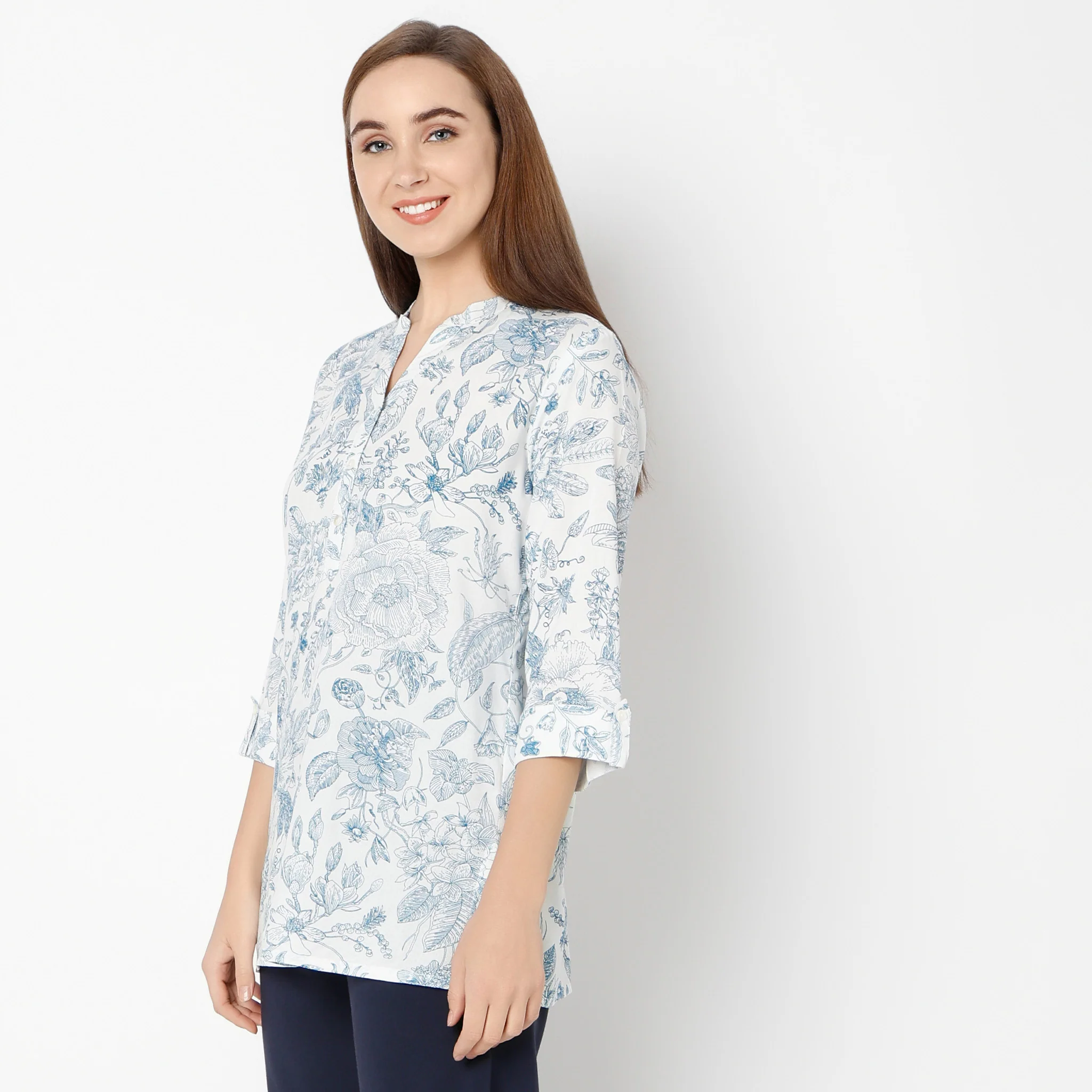 Band Neck Three-Fourth Sleeve Straight Fit Printed Short Kurti - Image 5