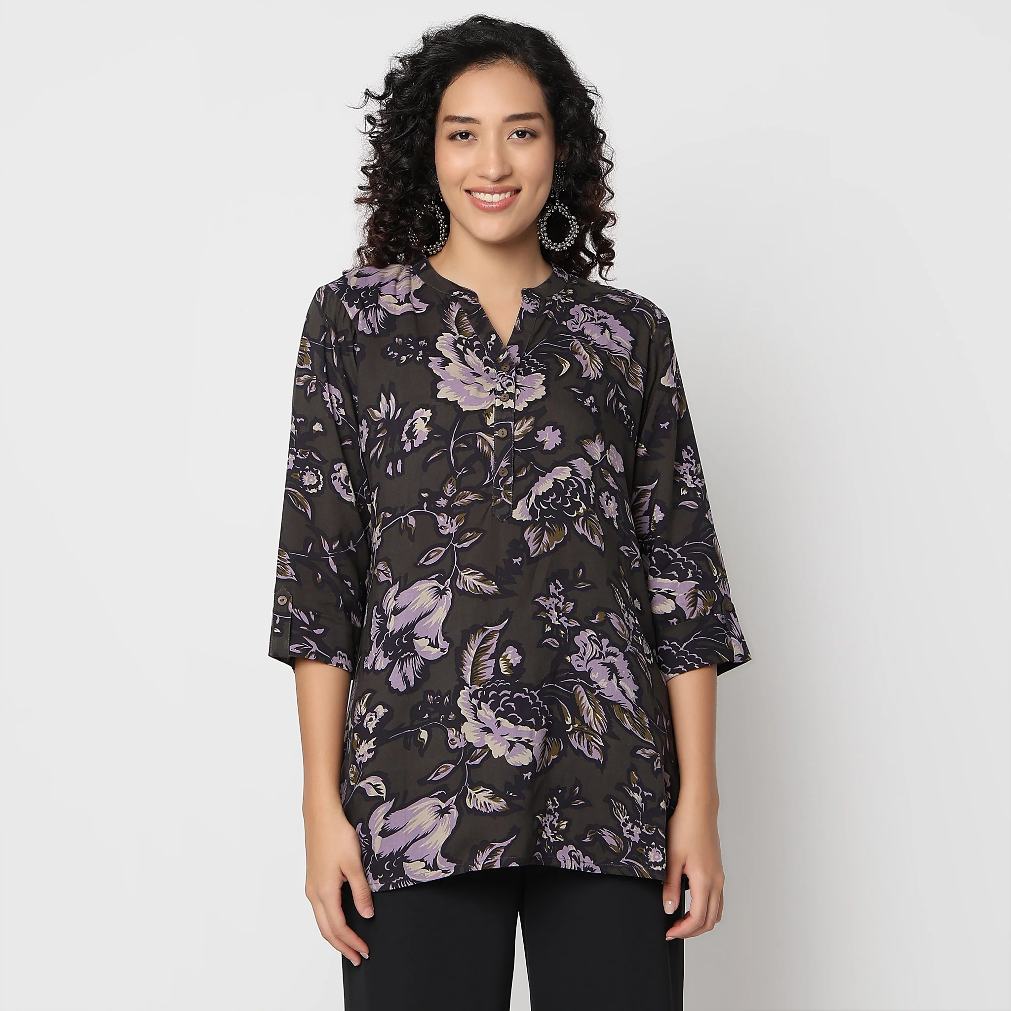 Straight Fit Printed Band Neck Short Kurta - Image 2
