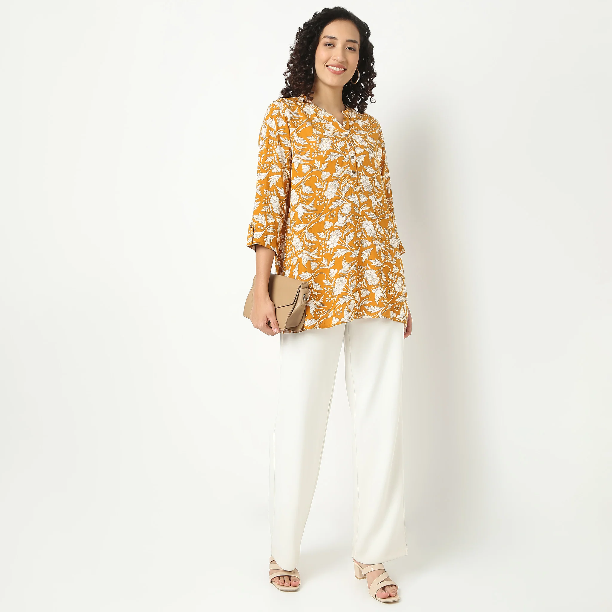Straight Fit Printed Band Neck Short Kurta