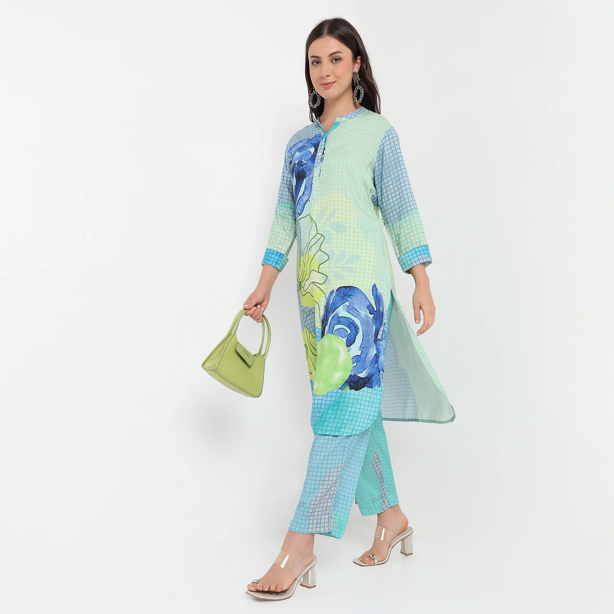 Straight Fit Printed Below Knee Band Collar Kurta With Pant Set