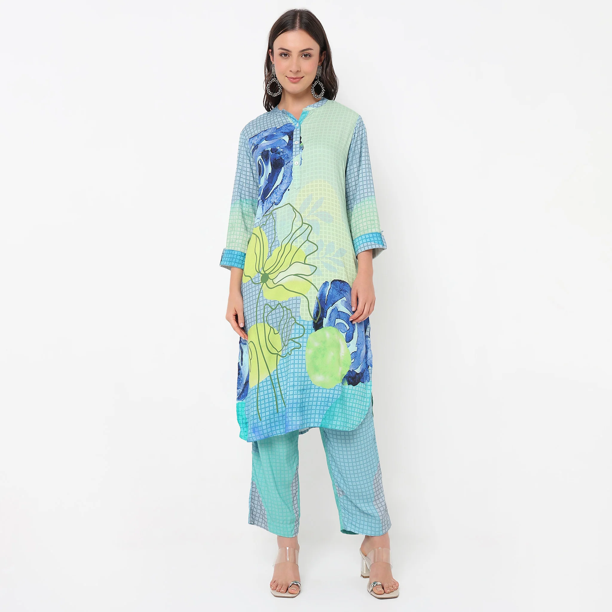 Straight Fit Printed Below Knee Band Collar Kurta With Pant Set - Image 2