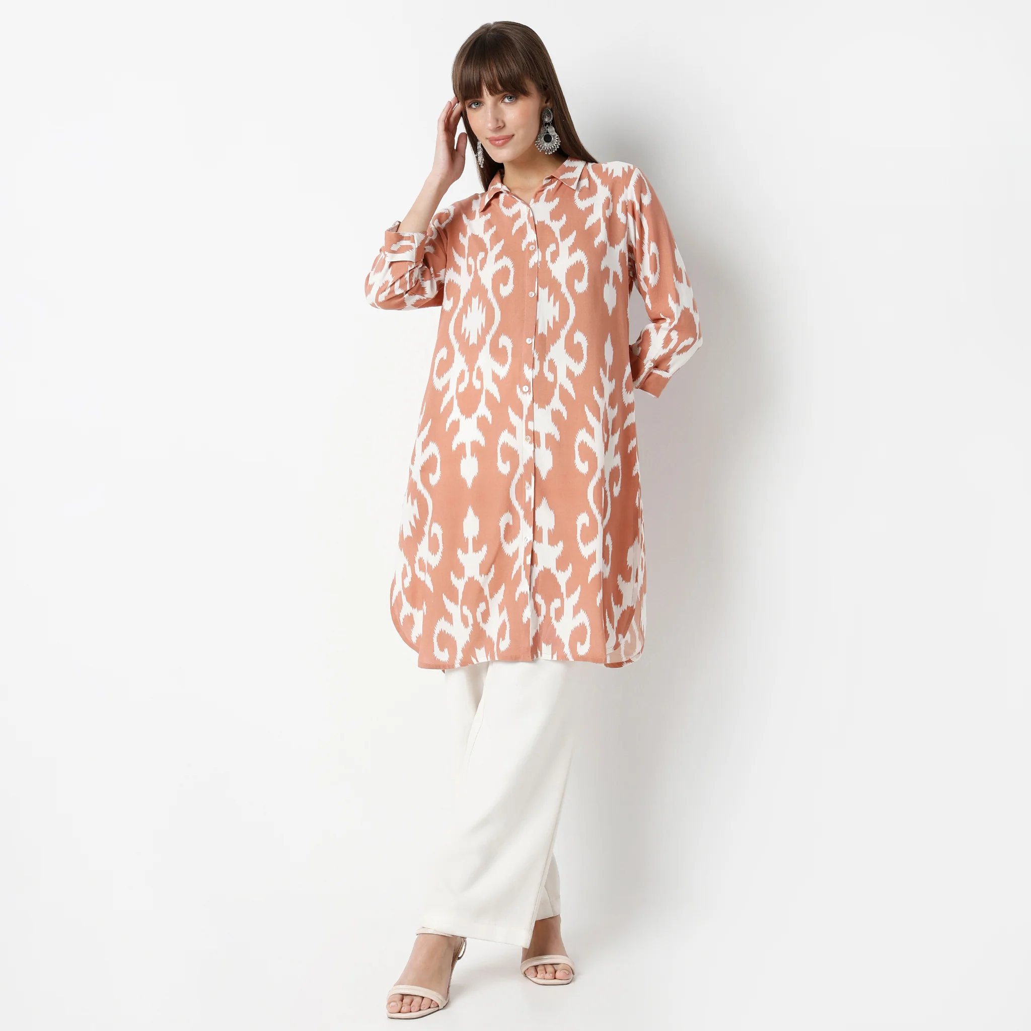 Straight Fit Printed Below Knee Shirt Collar Kurta
