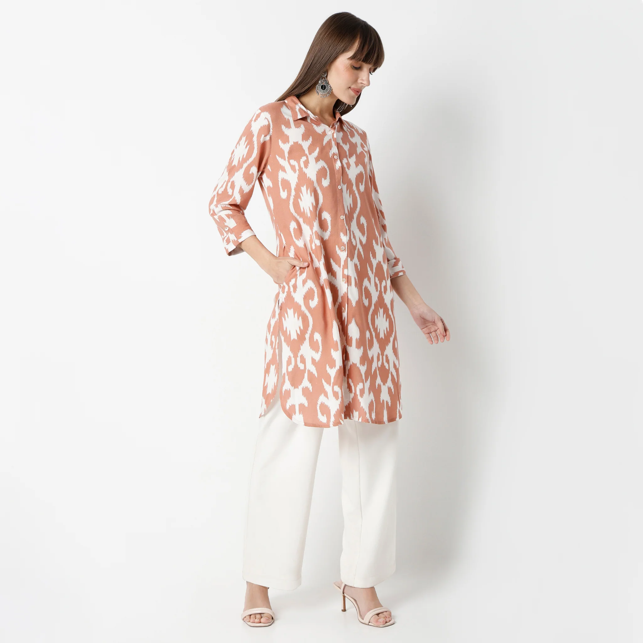 Straight Fit Printed Below Knee Shirt Collar Kurta - Image 2