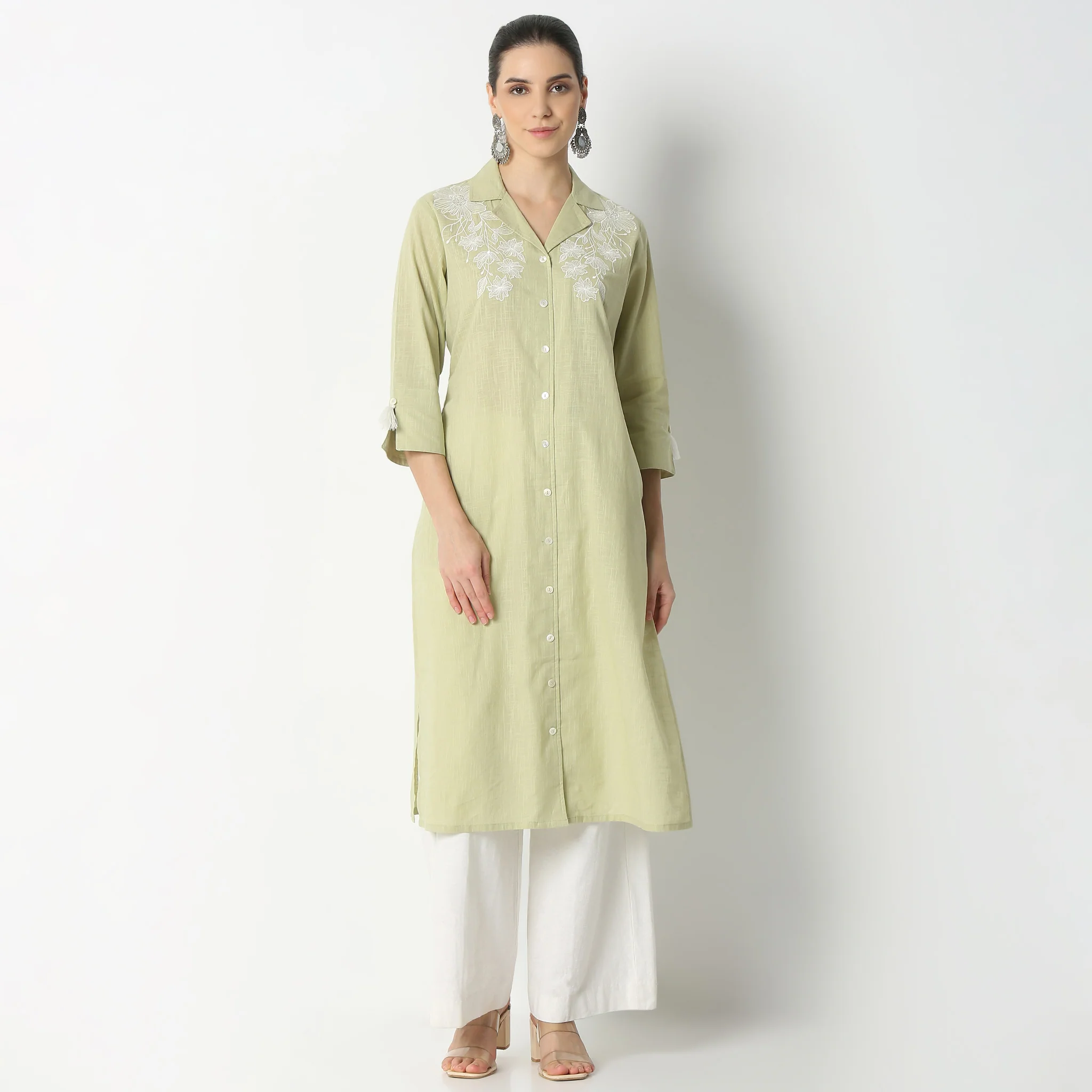 Straight Fit Printed Below Knee Lapel Collar Kurta - Image 2