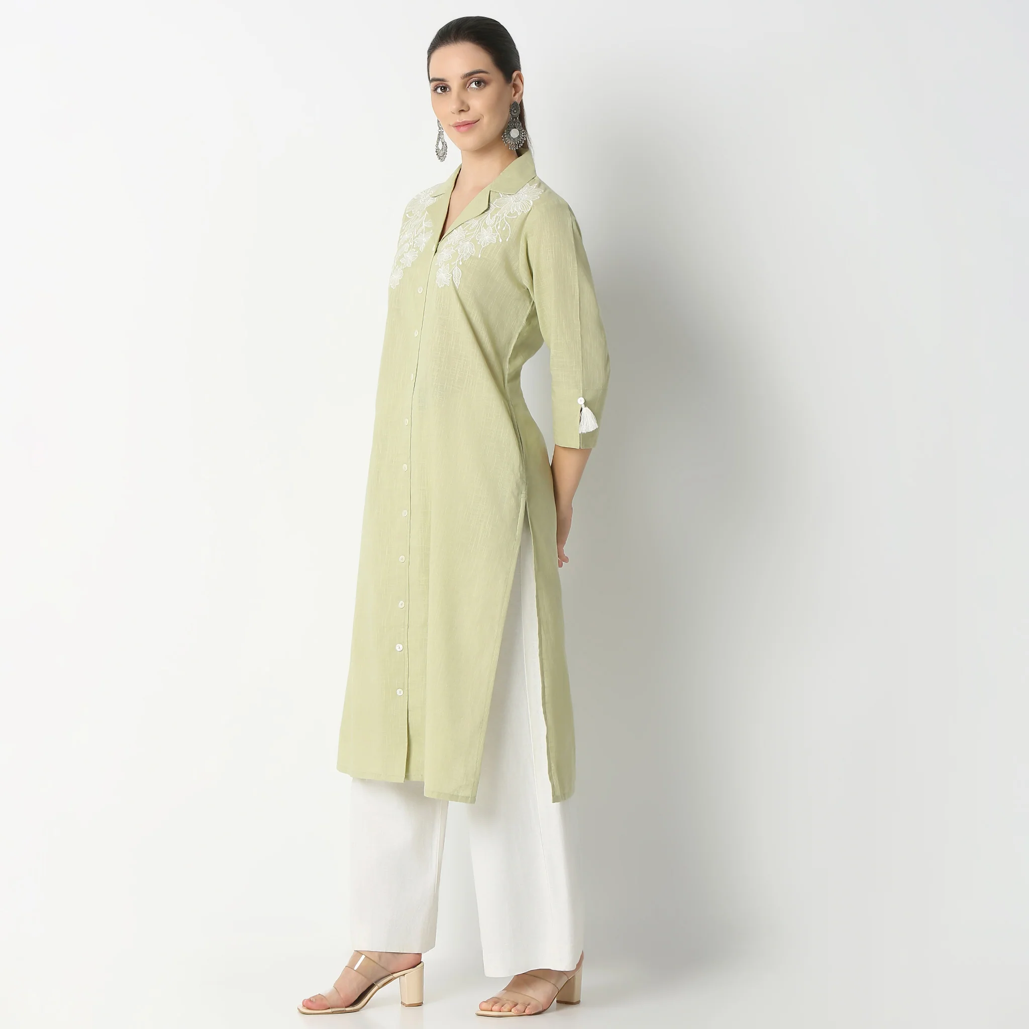 Straight Fit Printed Below Knee Lapel Collar Kurta - Image 5