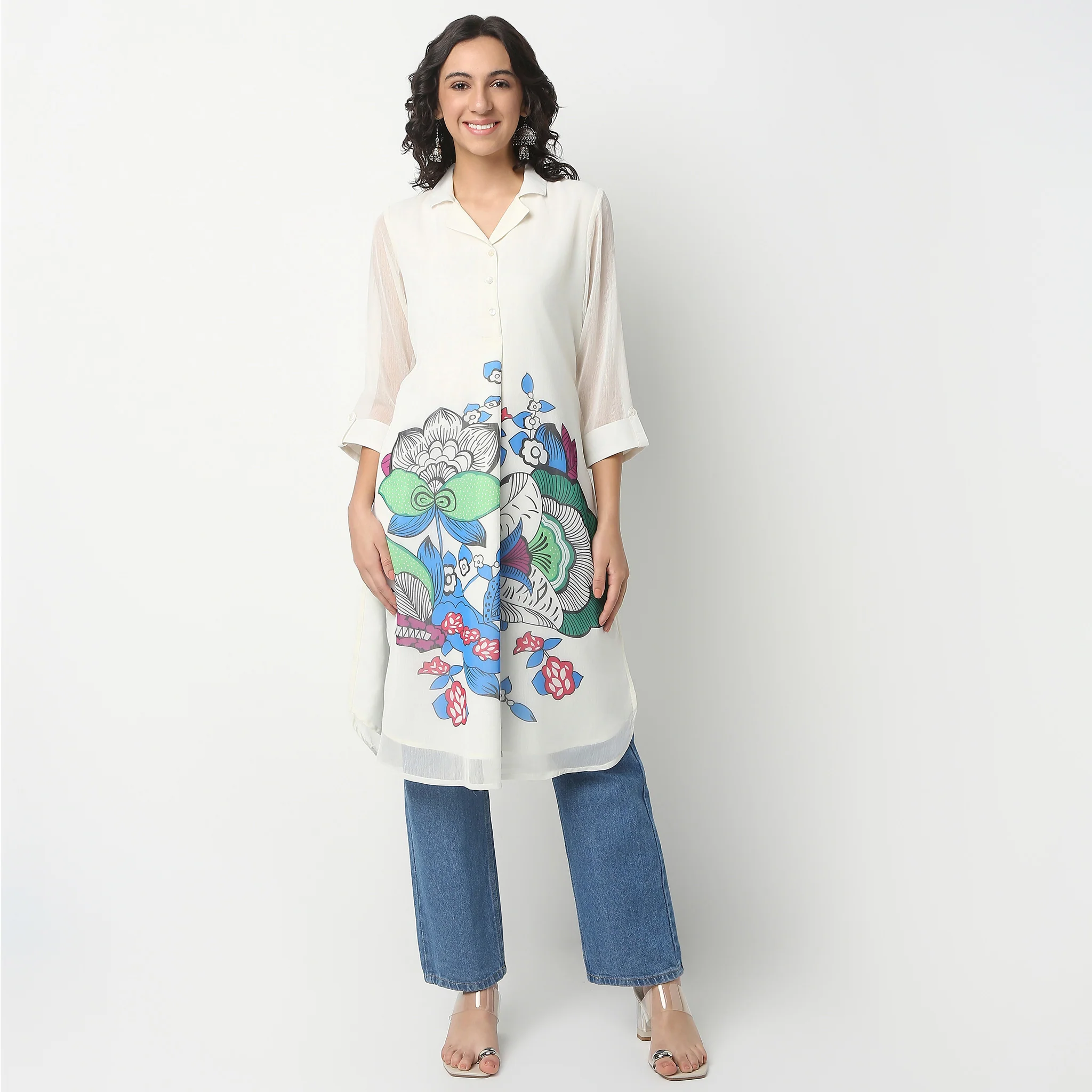Camp Collar Knee Length Three-Fourth Sleeve Straight Fit Printed Kurta