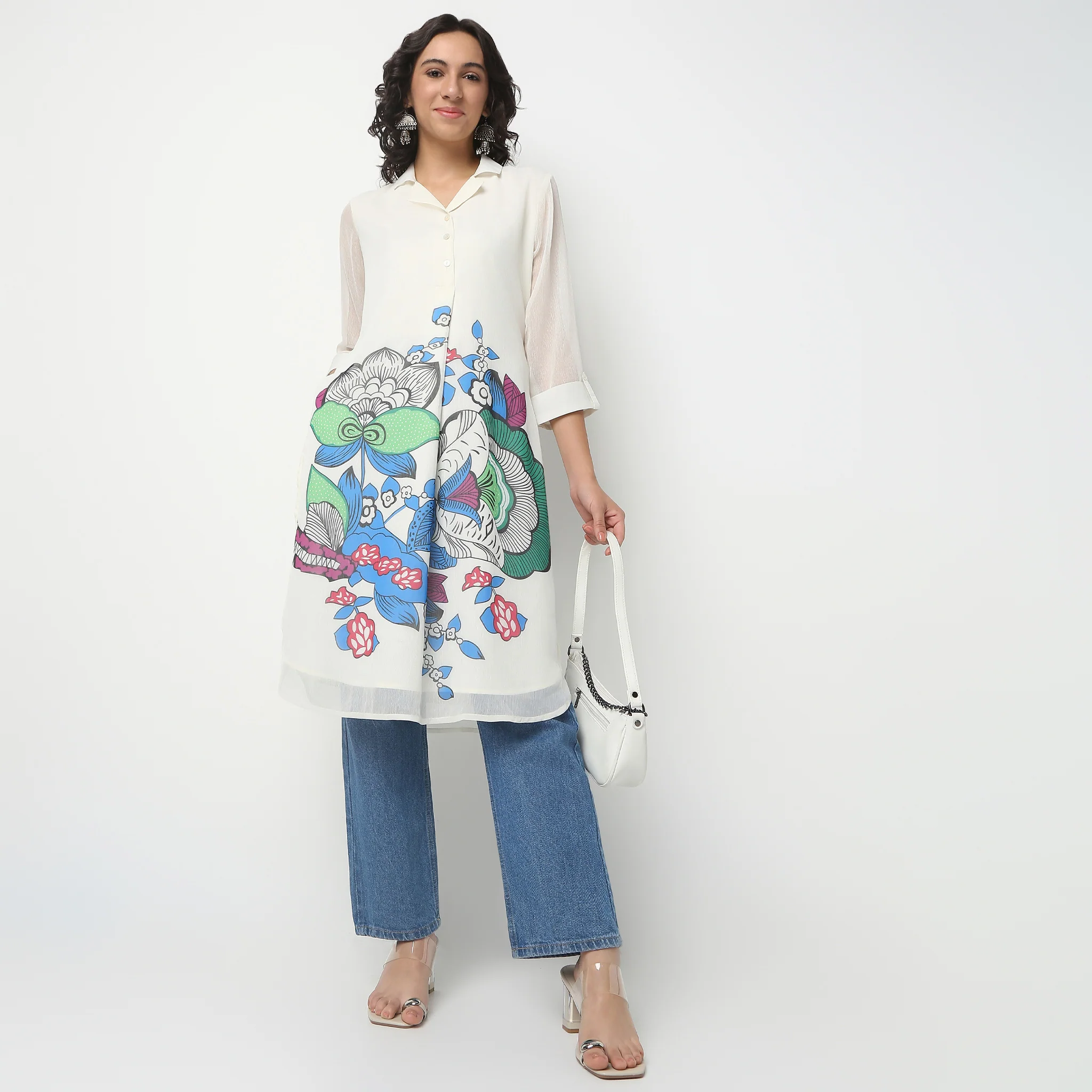 Camp Collar Knee Length Three-Fourth Sleeve Straight Fit Printed Kurta - Image 2