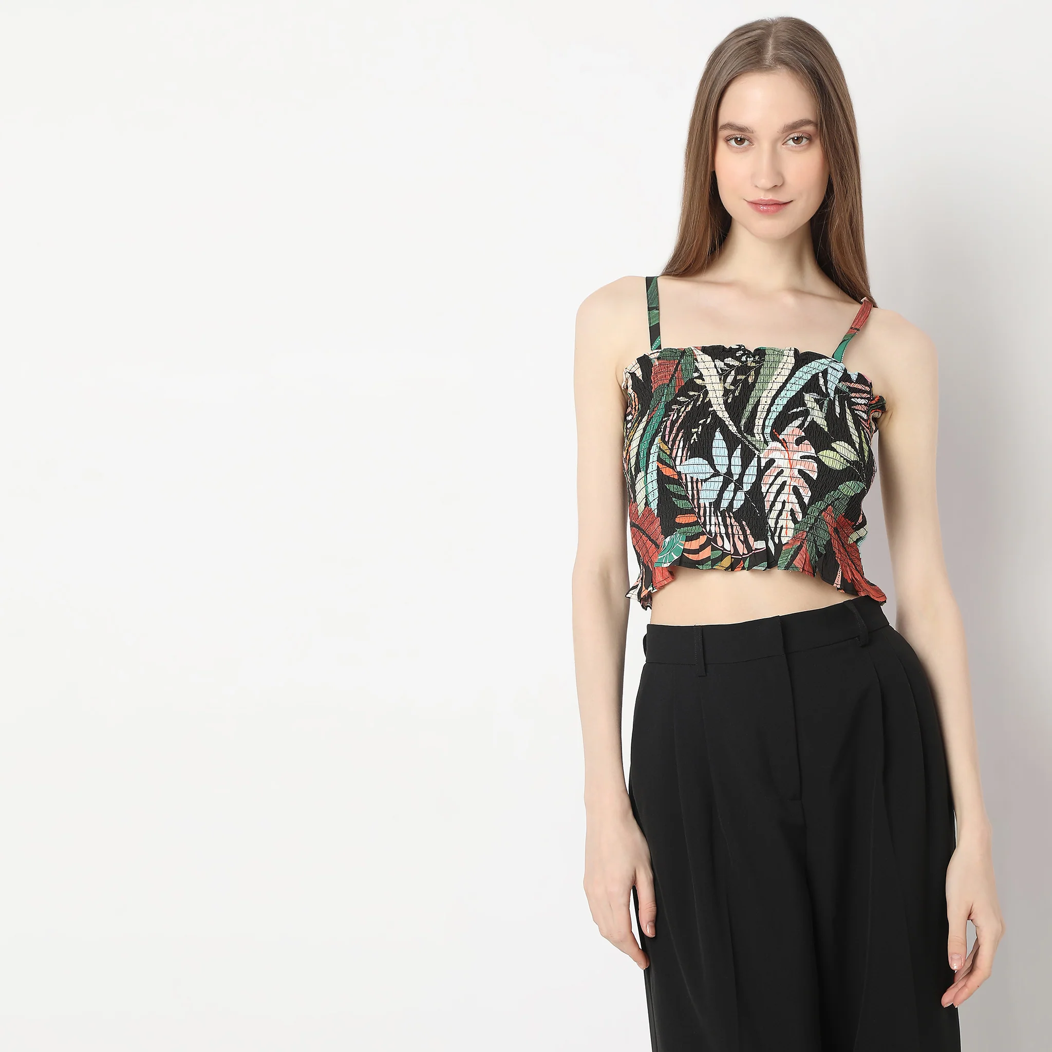 Straight Fit Printed Camp Collar Ruched Top - Image 3