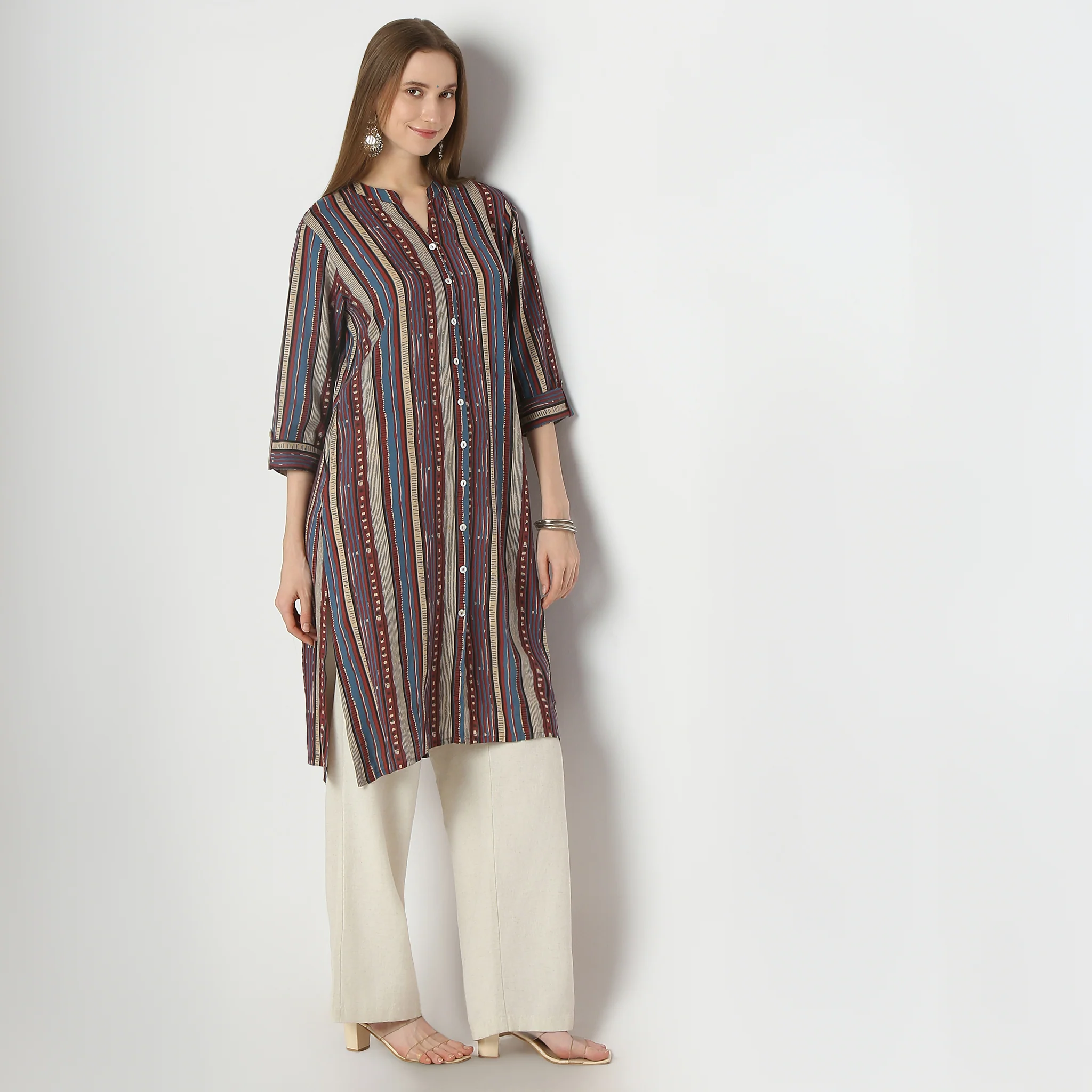 Straight Fit Printed Knee Length Band Collar Half Placket Kurta