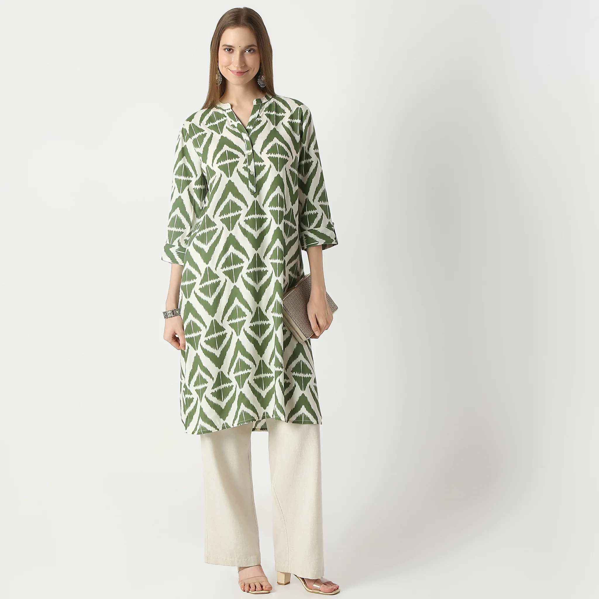 Straight Fit Printed Knee Length Band Collar Half Placket Kurta