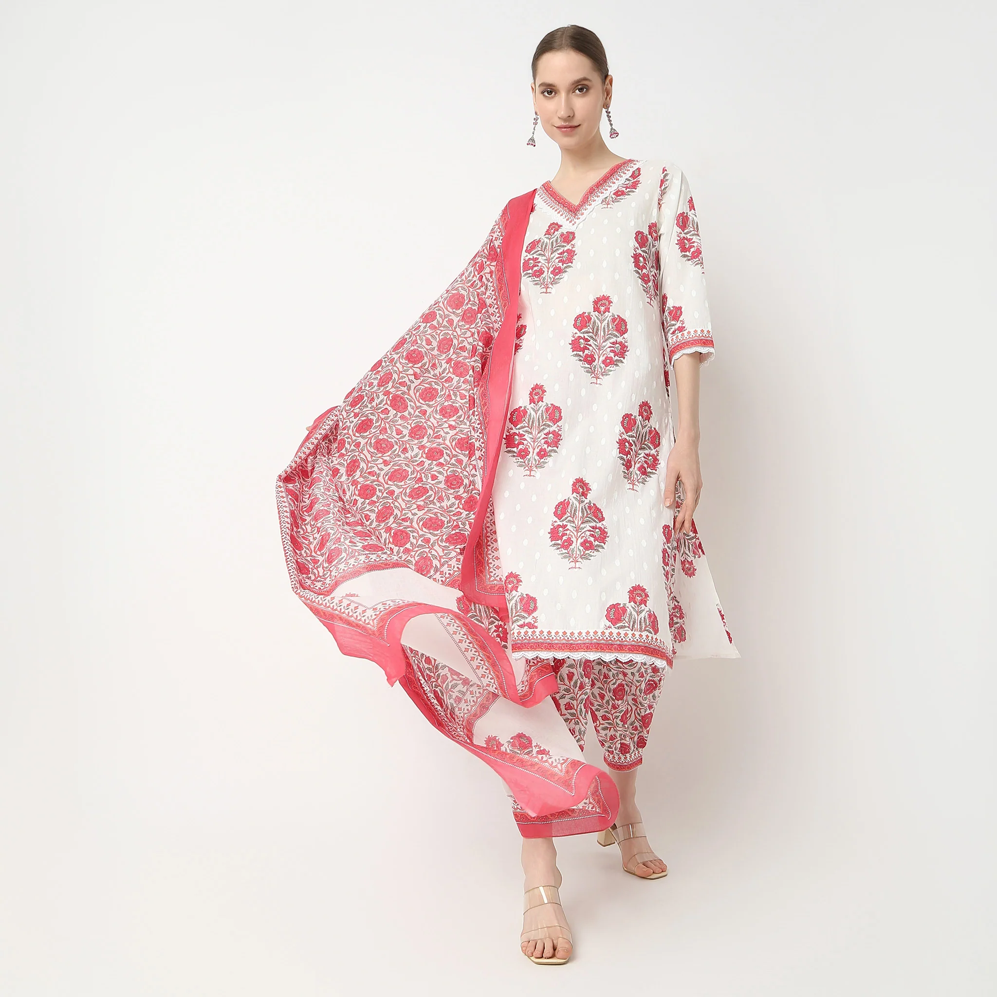 Straight Fit Printed V-Neck Kurta And Pant With Dupatta Set