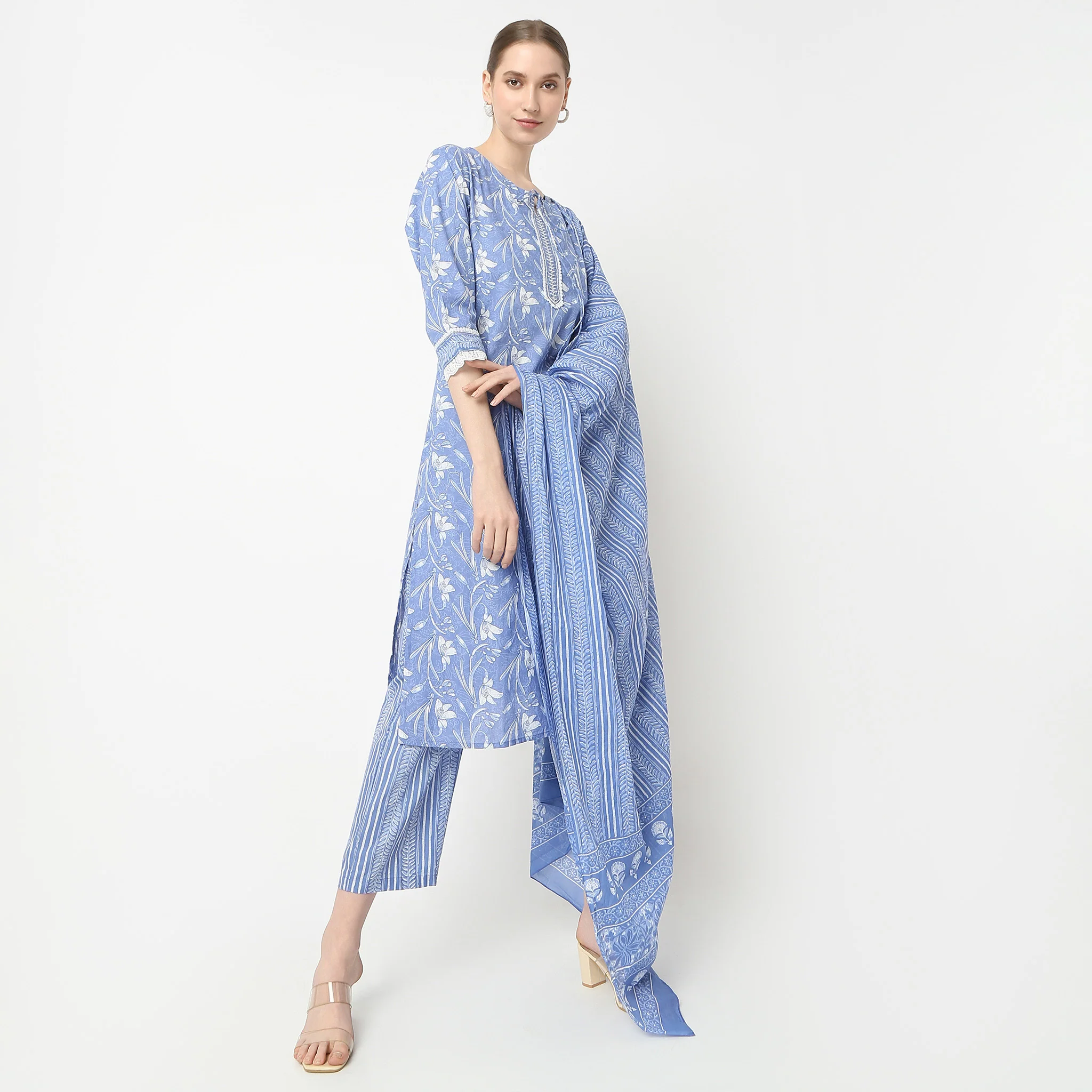 Straight Fit Printed Traditional Kurta And Pant With Dupatta Set