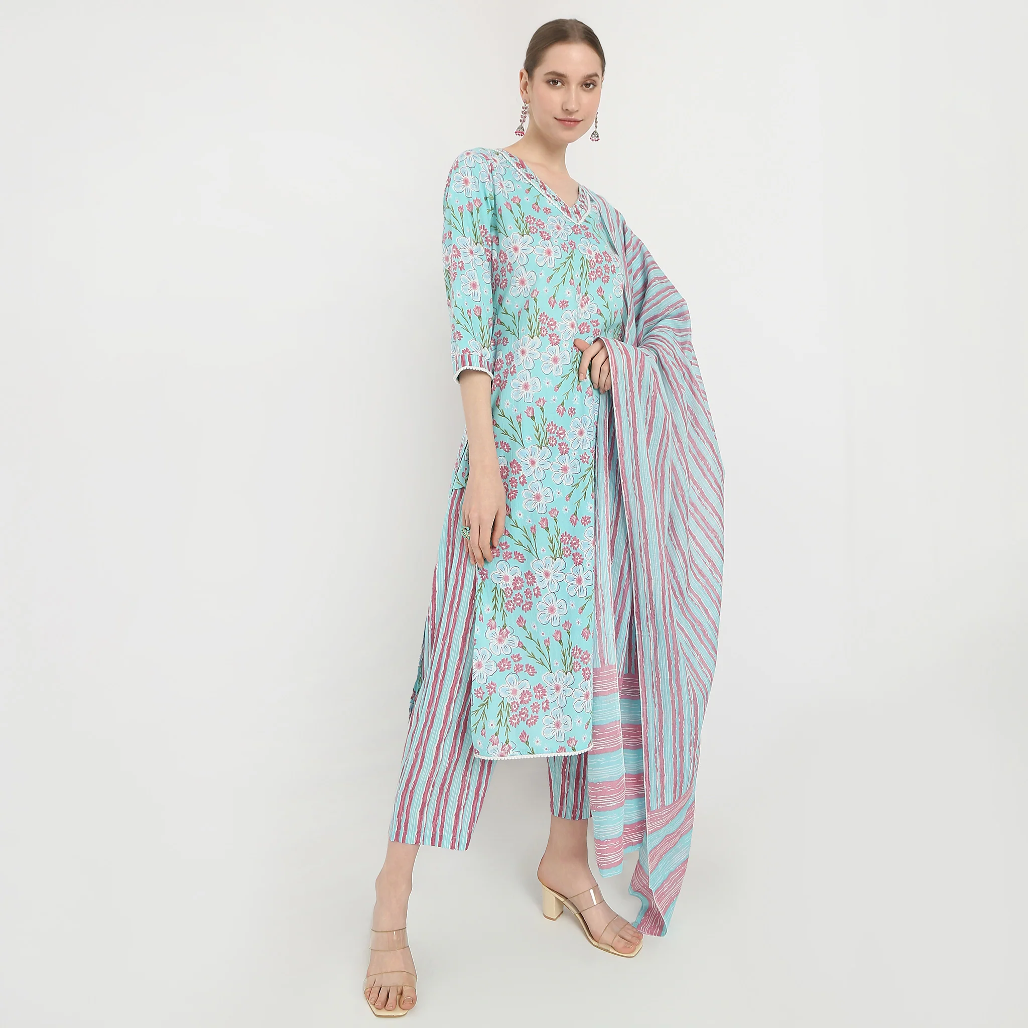 Straight Fit Printed V-Neck Traditional Kurta And Pant With Dupatta Set